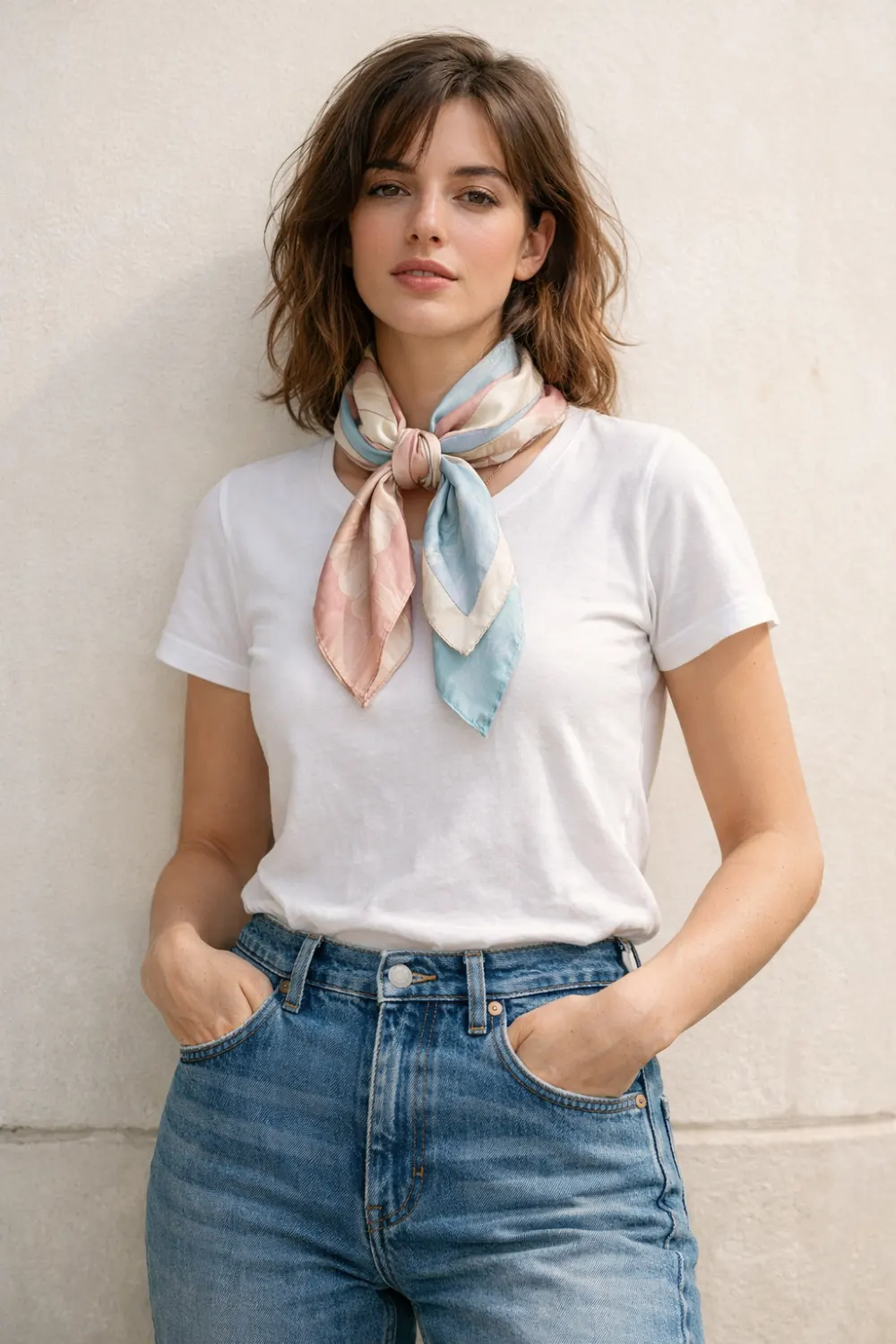 woman wearing silk scarf neck tie with white t shirt and jeans chic outfit idea