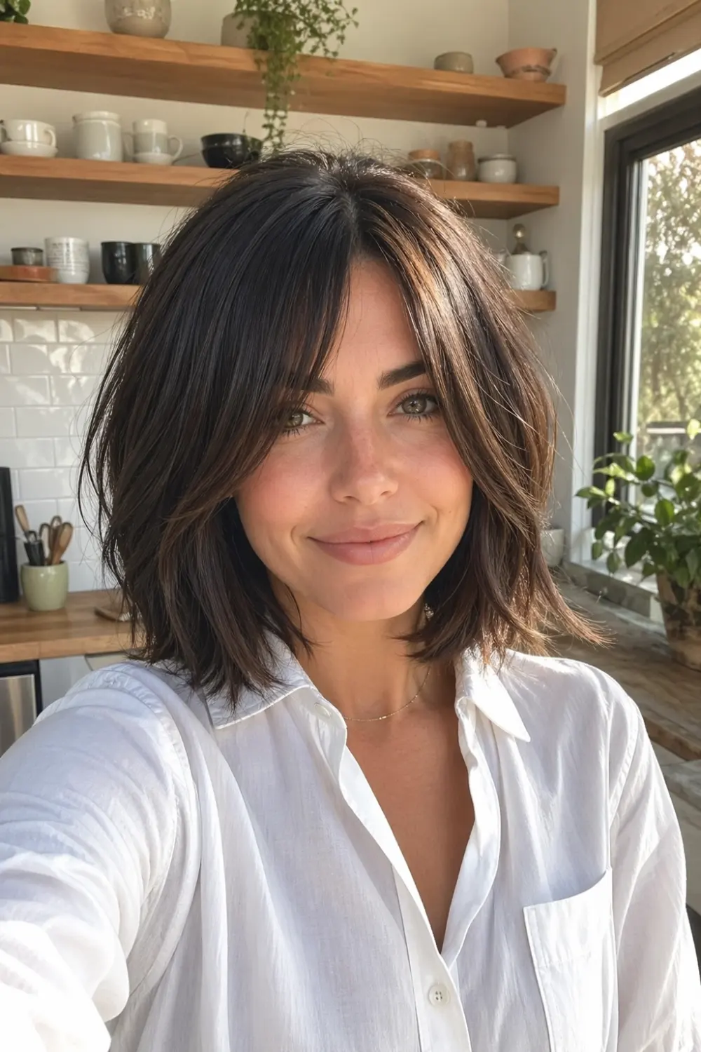 shoulder length lob haircut with curtain bangs soft waves natural volume head to chest portrait in cozy kitchen background with shelves mugs and sunlight detailed realistic setting