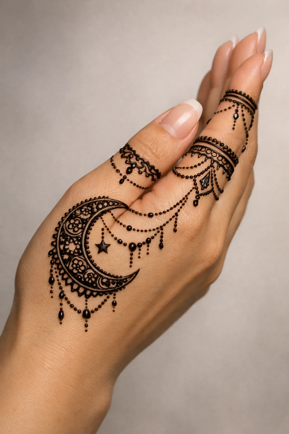 Crescent moon chain mehndi design with delicate dotted chains and tiny star accents on the side of the hand, elegant Arabic henna pattern perfect for Eid, weddings, and festive mehndi styles.