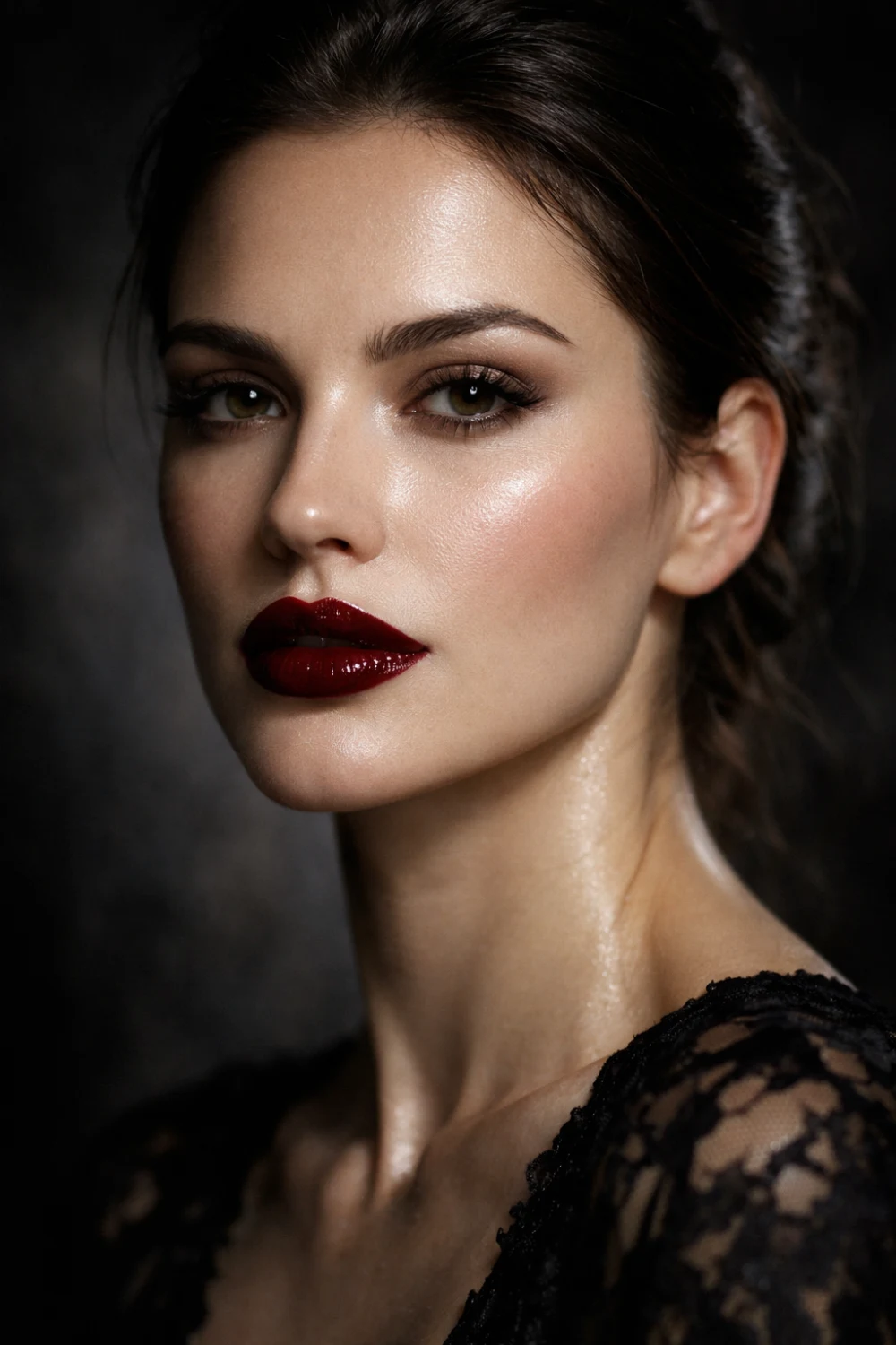 Dark cherry lipstick makeup look with glowing skin soft eye makeup and elegant dark romantic beauty aesthetic creating bold glamorous gothic inspired makeup style
