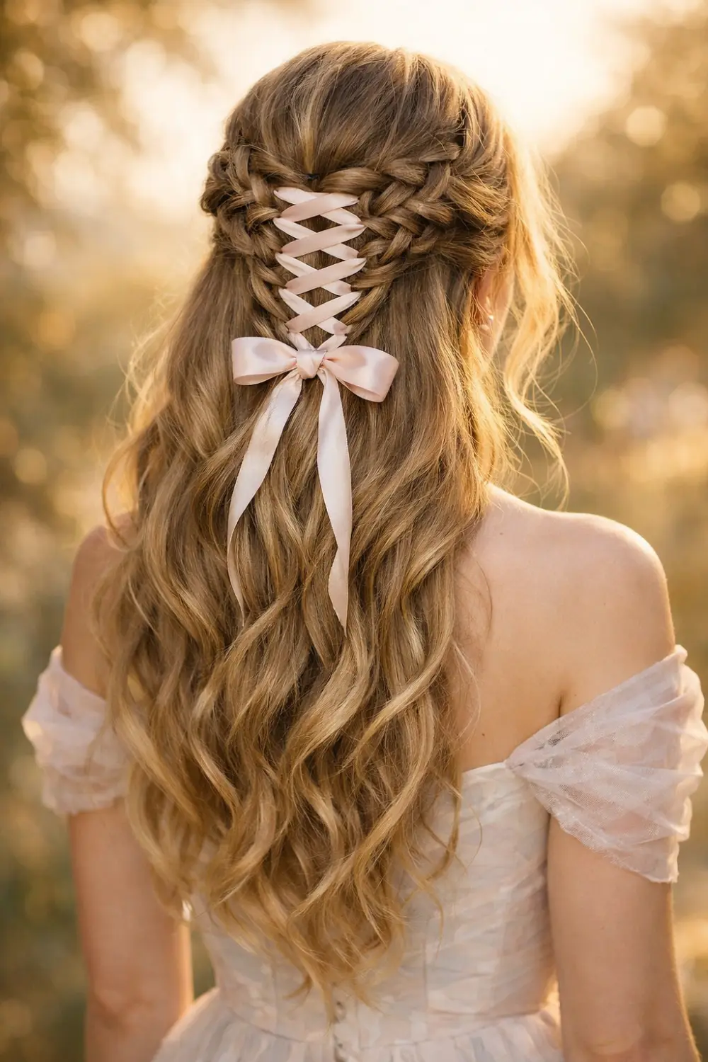Romantic half up corset braid hairstyle with soft waves and ribbon lacing creating a delicate corset design at the back, elegant feminine hairstyle inspiration for long wavy hair