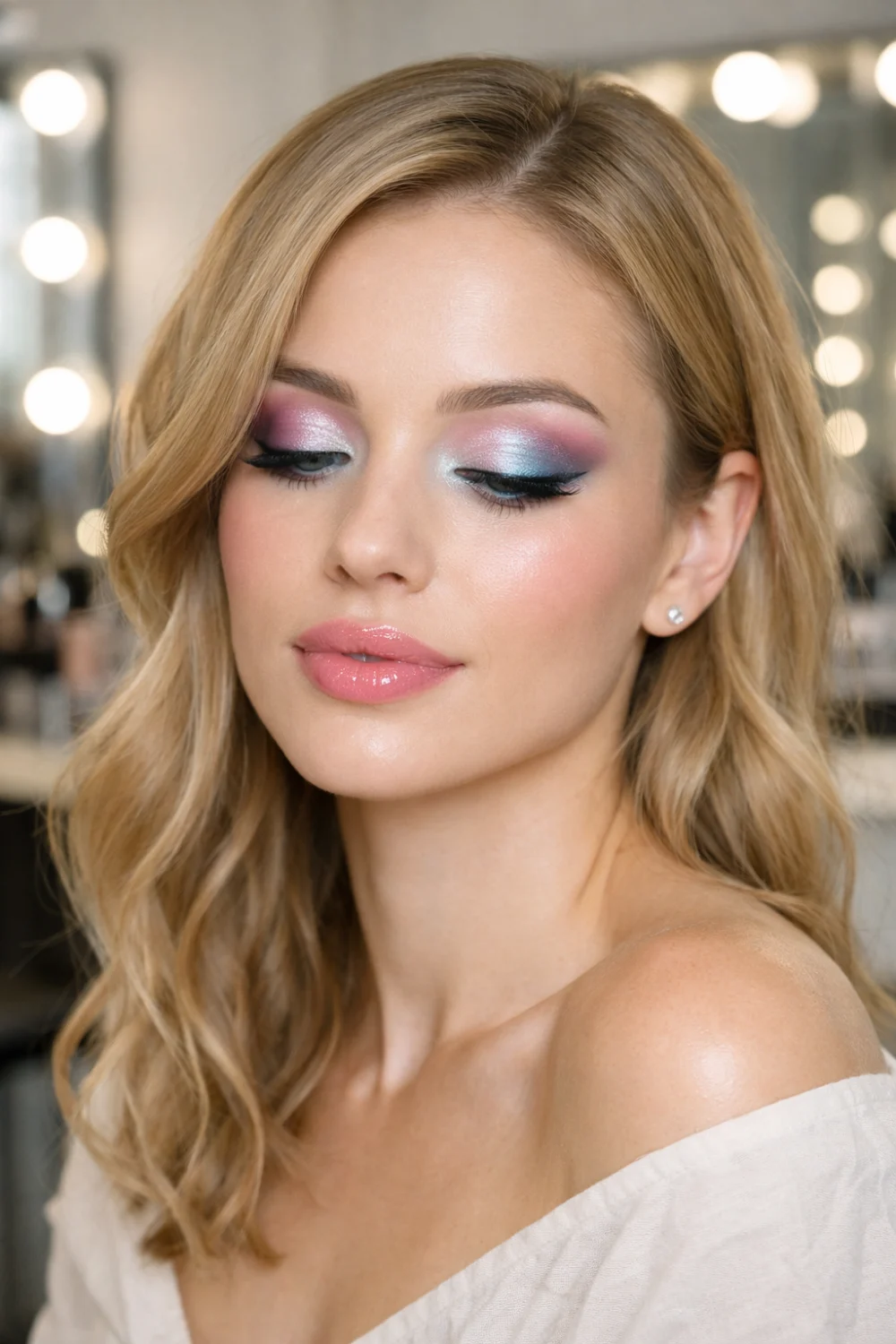 Frosted pink and blue blended eyeshadow makeup look with soft shimmer lids, glowing skin, and glossy pink lips captured in a professional makeup salon photoshoot for cool glam beauty inspiration.