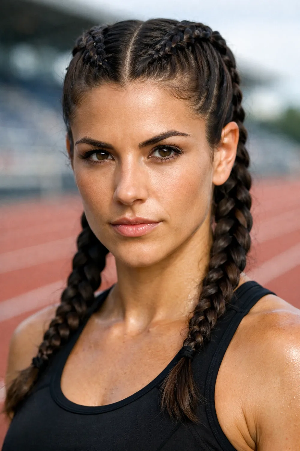 Female track athlete with double Dutch braids hairstyle on stadium track, sporty braid hairstyle inspiration for runners, track practice hair ideas, and athletic training looks