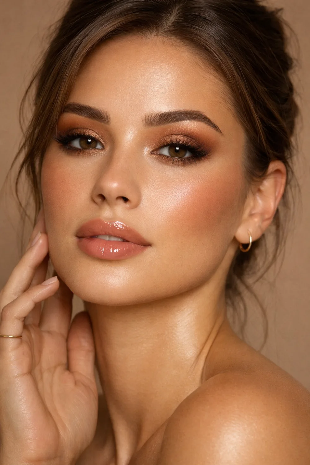 Warm bronze latte makeup look with shimmering bronze eyeshadow glowing bronzed skin and glossy nude lips creating a radiant glam beauty aesthetic trending on Pinterest makeup inspiration boards.