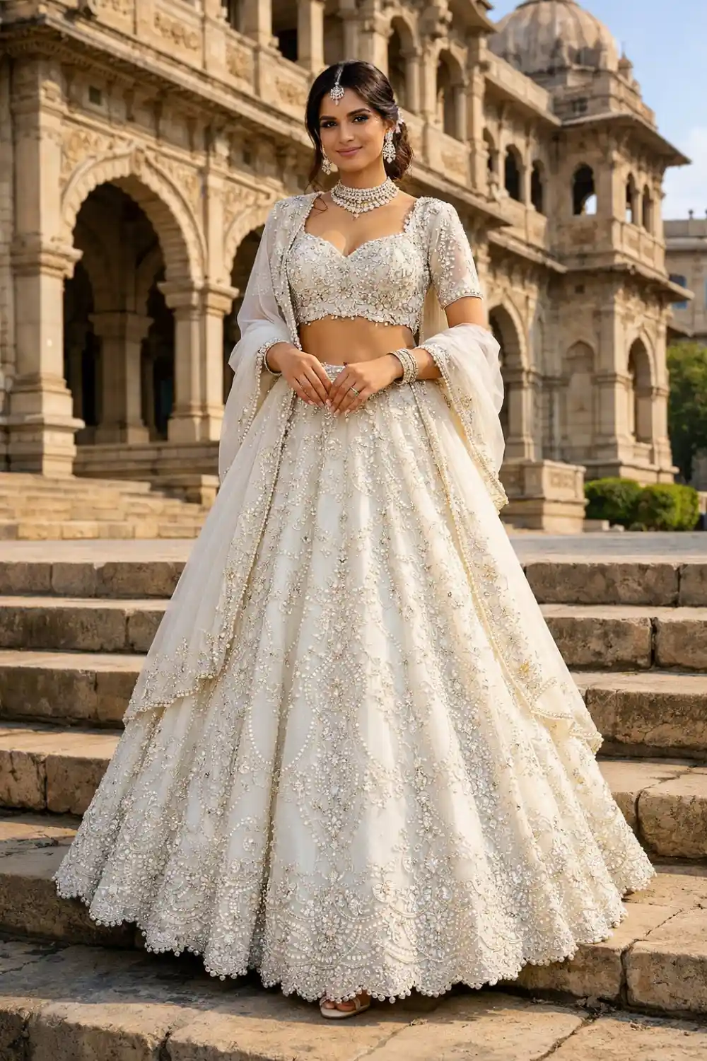 Graceful modern Indian bride wearing an ivory embroidered bridal lehenga with intricate silver details, elegant jewelry, and a soft flowing dupatta in a historic architectural setting.
