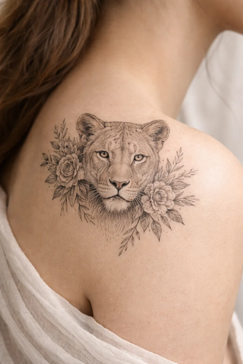 Lioness shoulder tattoo for women with floral elements symbolizing courage leadership and inner strength, detailed feminine lion tattoo idea trending on Pinterest shoulder tattoos.