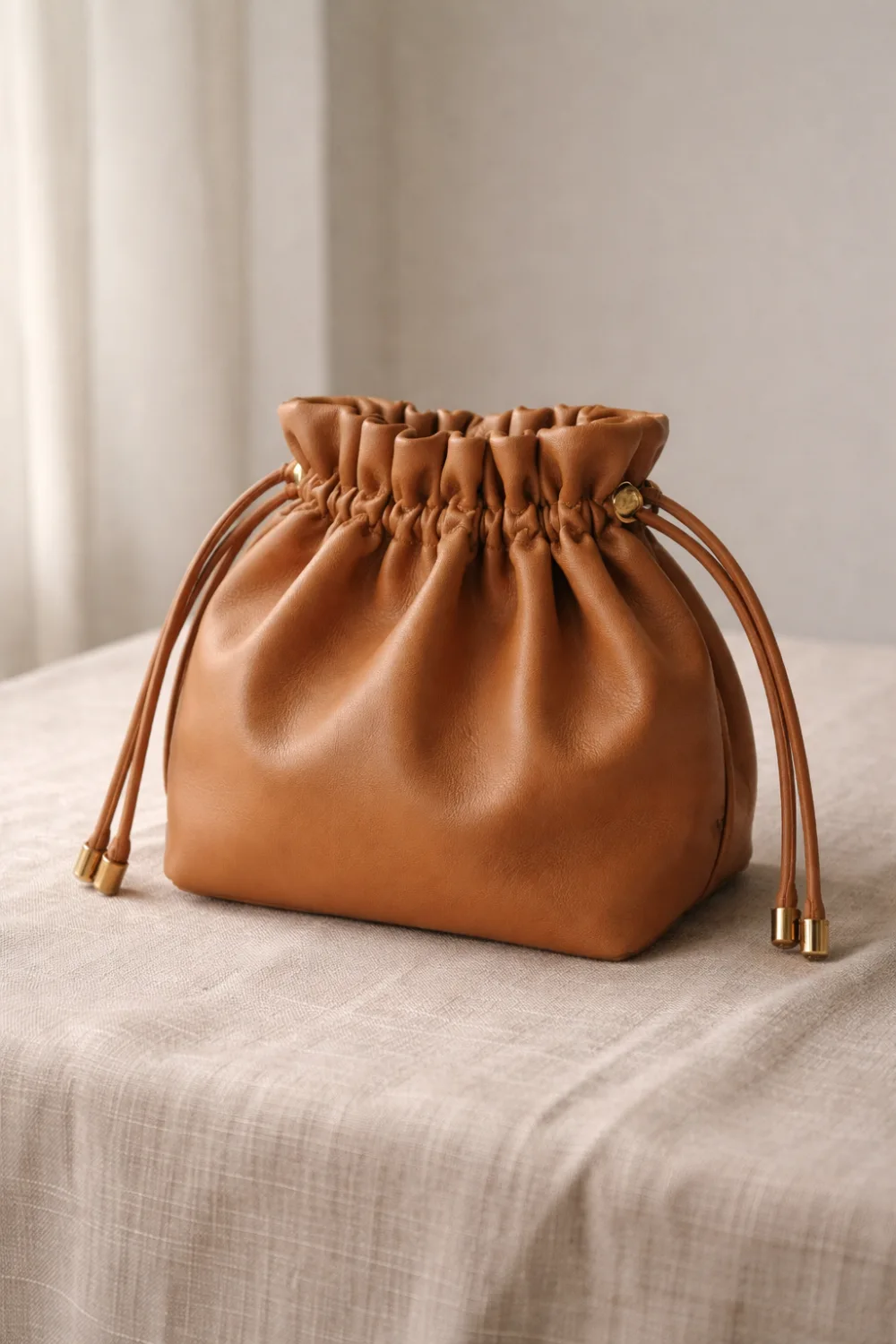 Soft caramel leather drawstring pouch handbag with gathered top placed on linen surface, minimalist luxury pouch bag trend for women fashion accessories 2026.