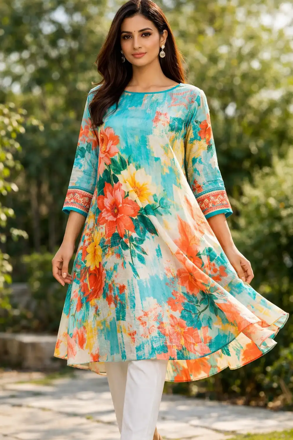 Vibrant floral A line kurti with colorful floral digital prints, flowing silhouette and three quarter sleeves paired with white trousers, stylish summer kurti outfit perfect for casual outings.