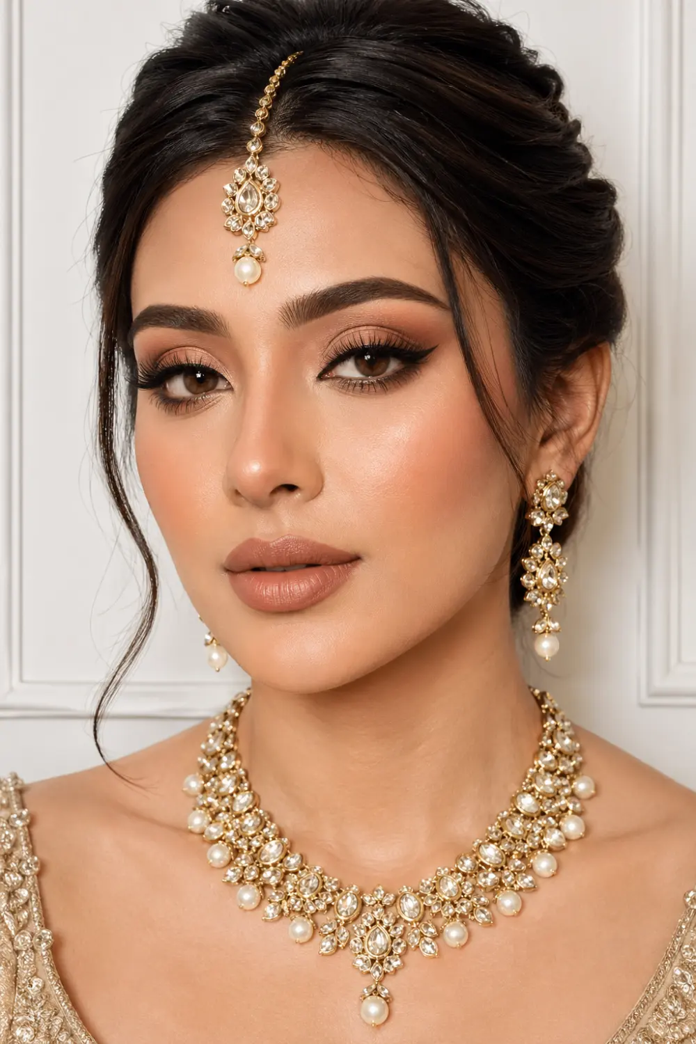 nude soft glam bridal makeup close up neutral tones matte skin nude lips defined eyes elegant bridal look