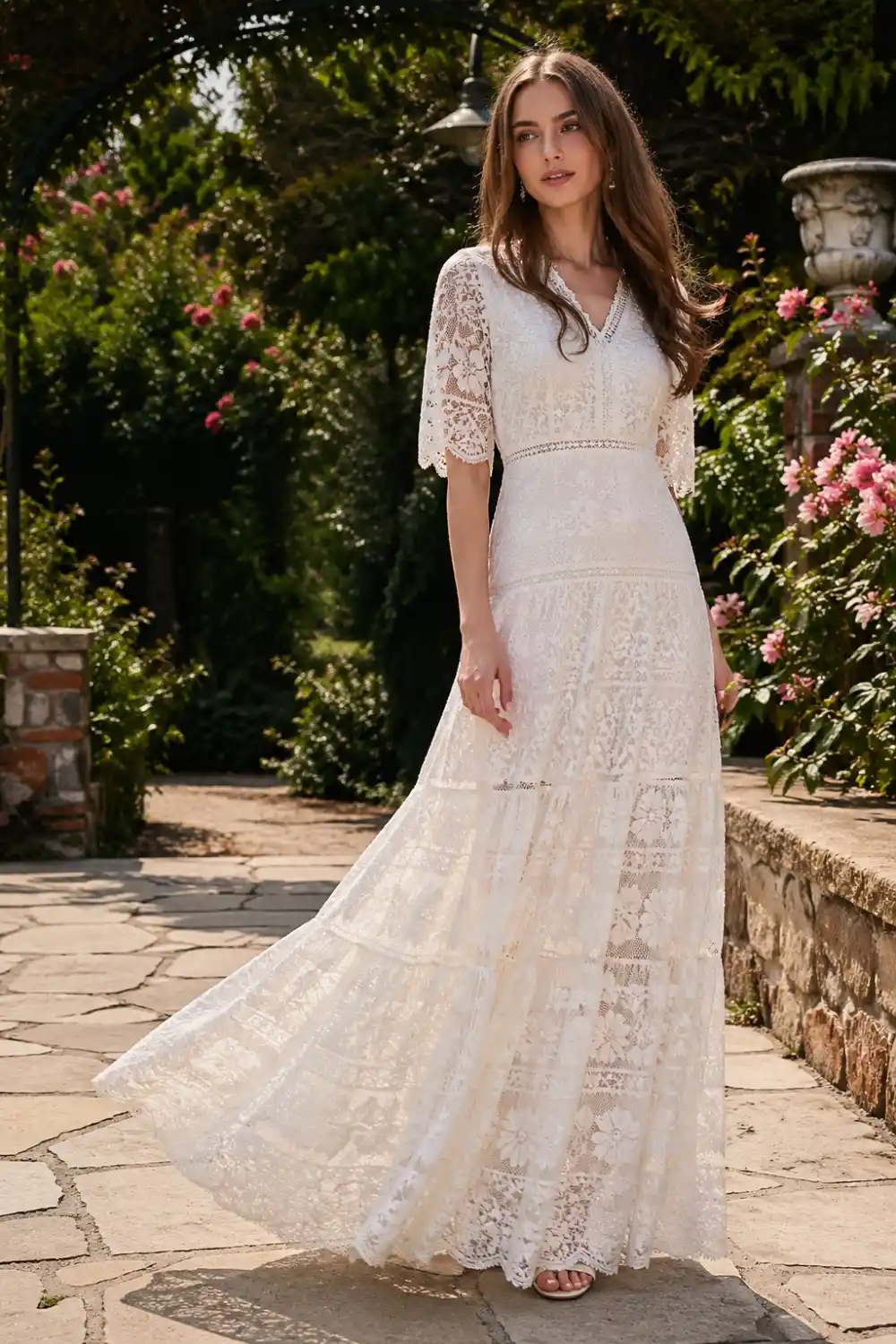 bohemian lace maxi dress outfit in garden setting, woman wearing flowy lace dress, romantic feminine lace outfit, summer garden style dress, elegant soft aesthetic fashion look