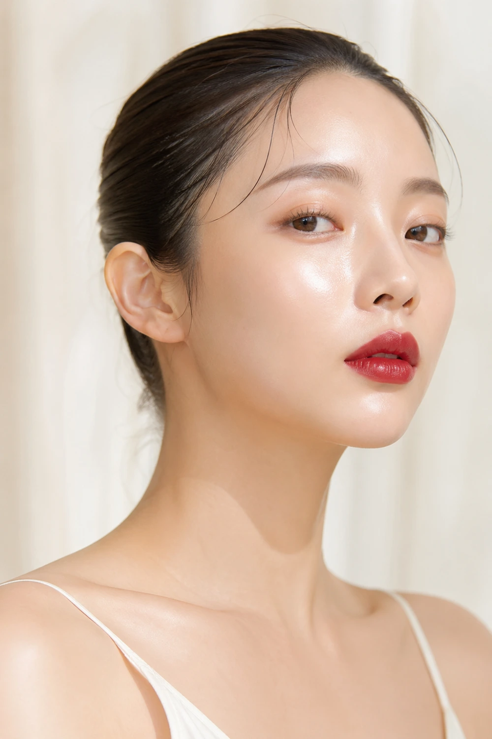 Glowing glass skin beauty look with slicked back hair, soft red lipstick, radiant dewy complexion, minimal natural makeup, clean light background, fresh Korean inspired beauty aesthetic
