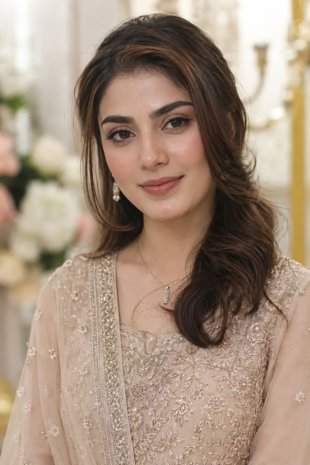 Nude pink bridesmaid blush makeup with natural glow, minimal soft glam look, flawless skin, subtle blush cheeks, Pakistani bridesmaid portrait, elegant neutral tones