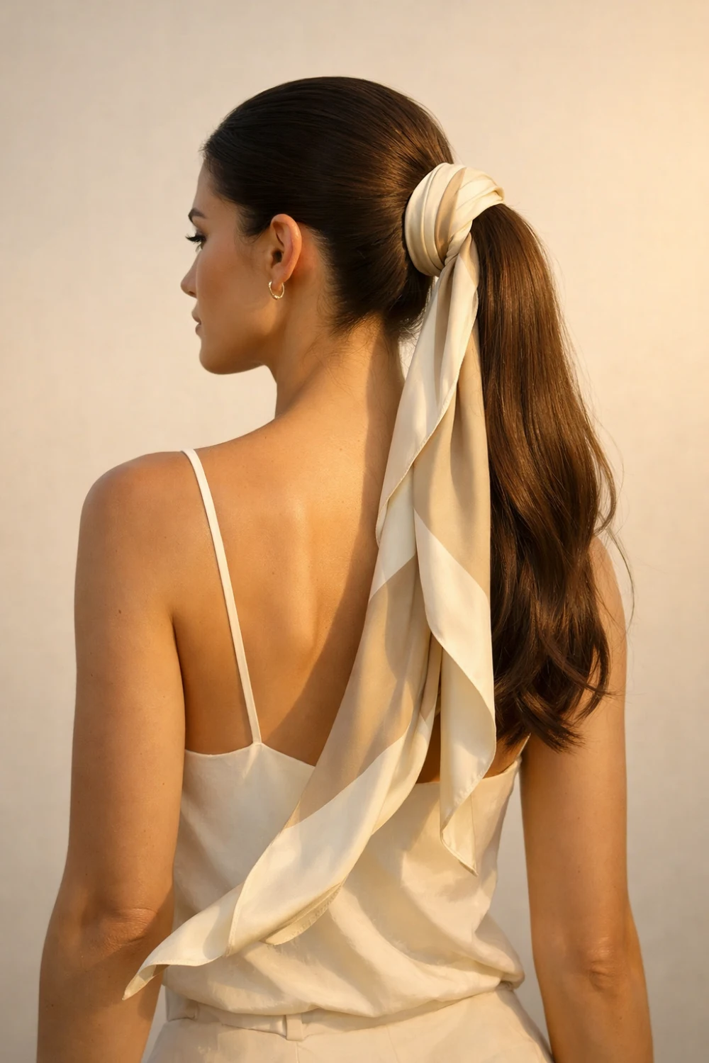 woman ponytail wrapped with silk scarf elegant hairstyle styling idea