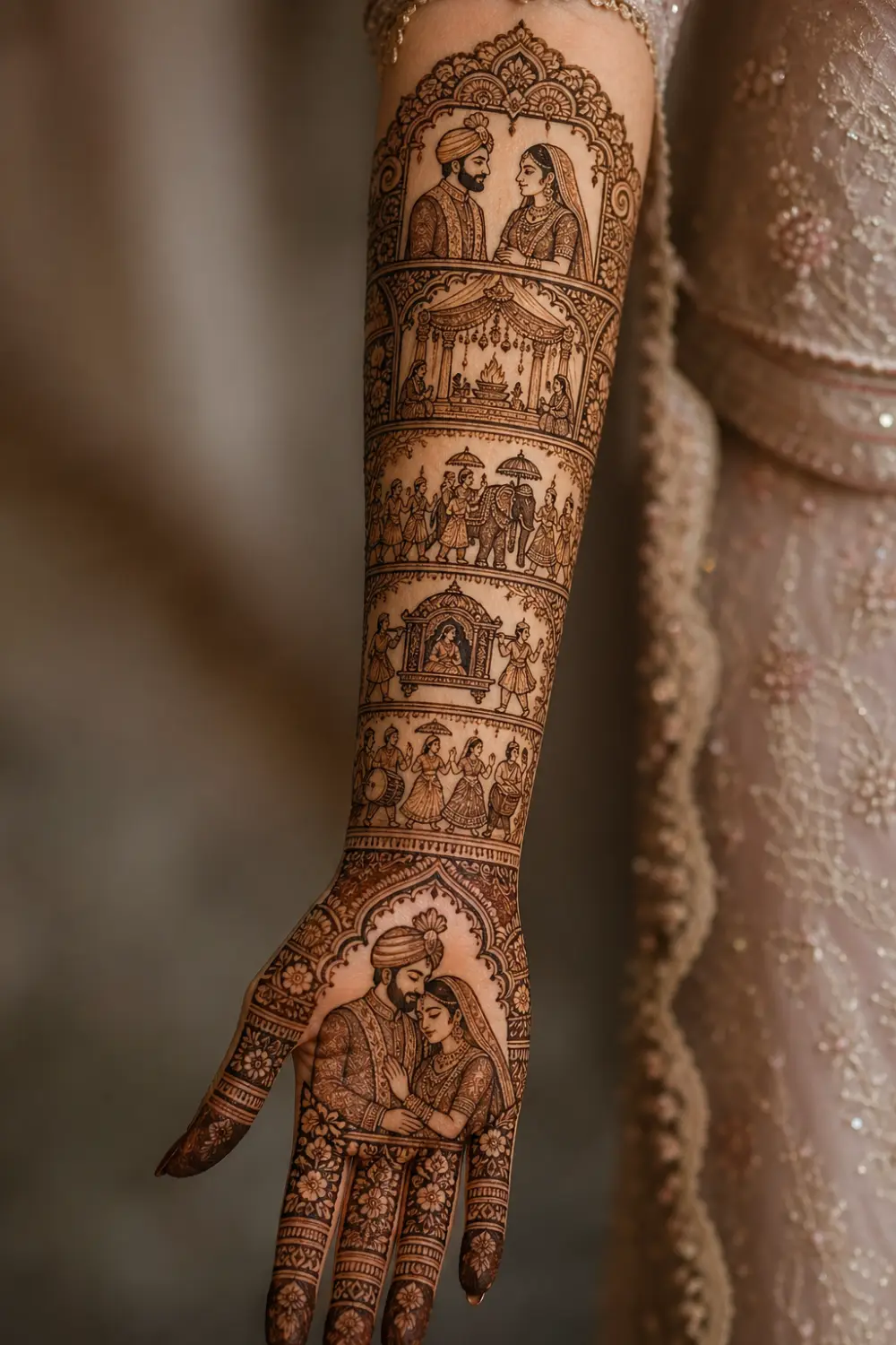 intricate dulha dulhan full sleeve mehndi design with bride groom portraits, mandap and baraat scenes, detailed storytelling henna art from fingertips to elbow, bridal hand with fine line precision and traditional wedding theme