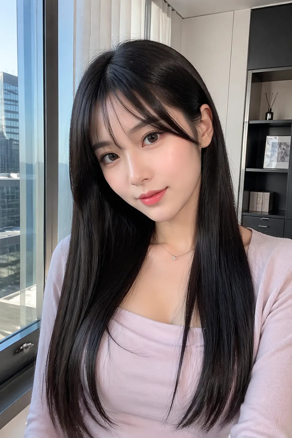 long straight black hair with wispy curtain bangs sleek smooth texture glossy finish head to chest portrait near window with natural light modern apartment background clear details