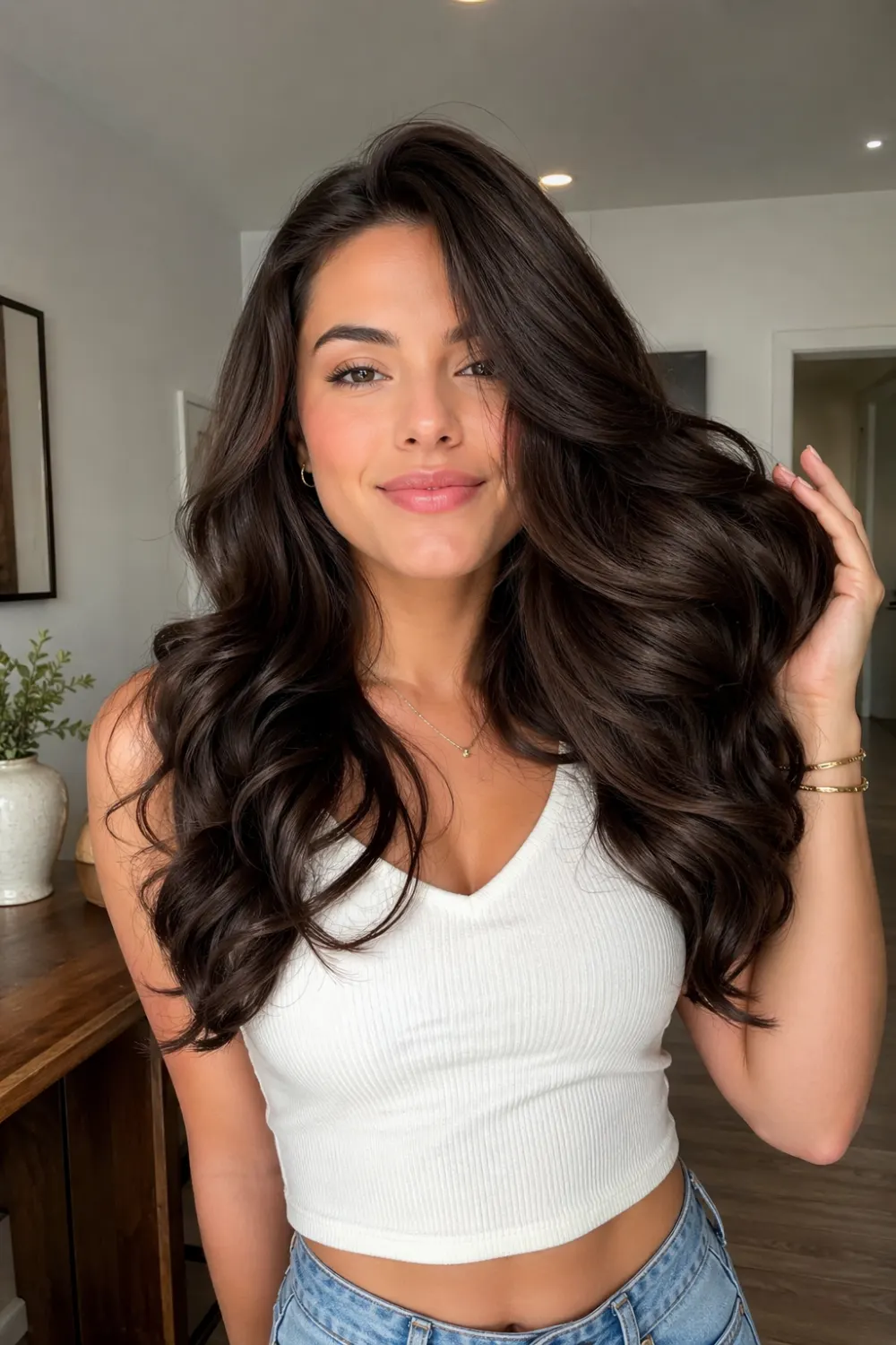 bouncy curled blowout hairstyle with big soft curls high volume shiny hair glamorous salon finish defined curls movement rich texture modern beauty look