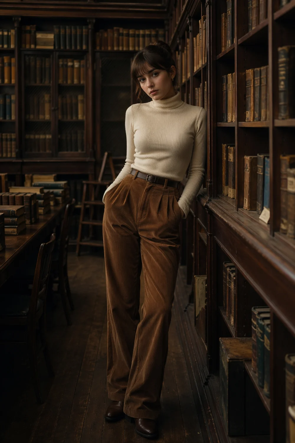 turtleneck and corduroy pants outfit poetcore aesthetic dark academia style full body library setting warm tones cozy intellectual fashion look