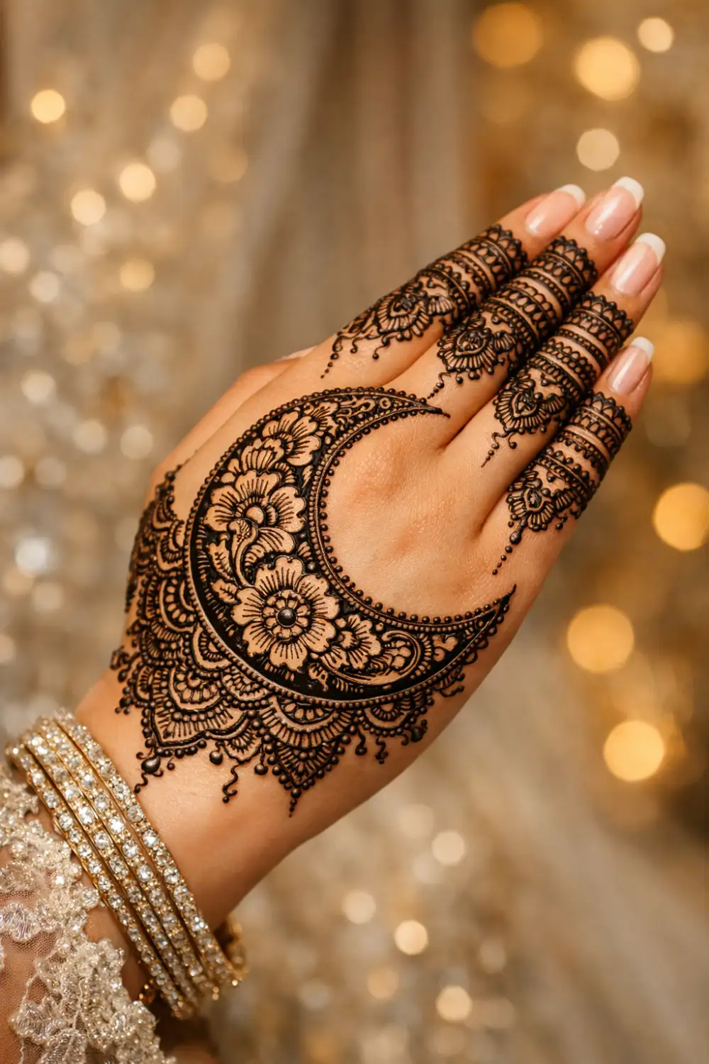 Bridal crescent moon mehndi design with intricate floral and lace patterns covering the back of the hand, rich Arabic henna style perfect for weddings, Eid celebrations, and festive occasions.