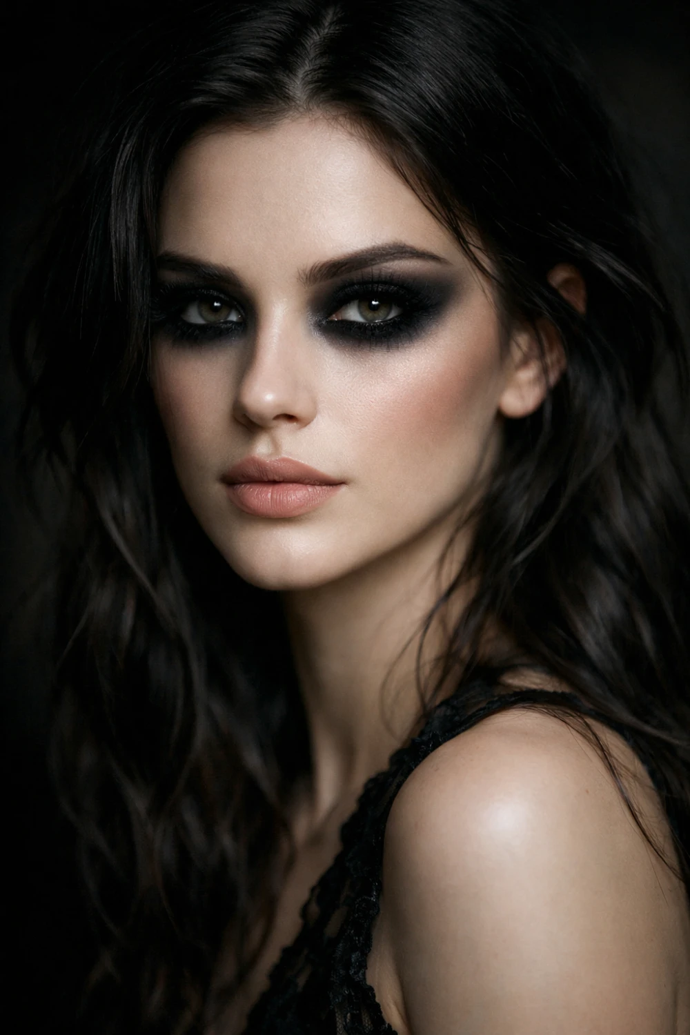 Smoky midnight eye makeup look featuring deep charcoal eyeshadow dramatic lashes glowing skin and mysterious dark romantic beauty aesthetic perfect for gothic glam inspiration