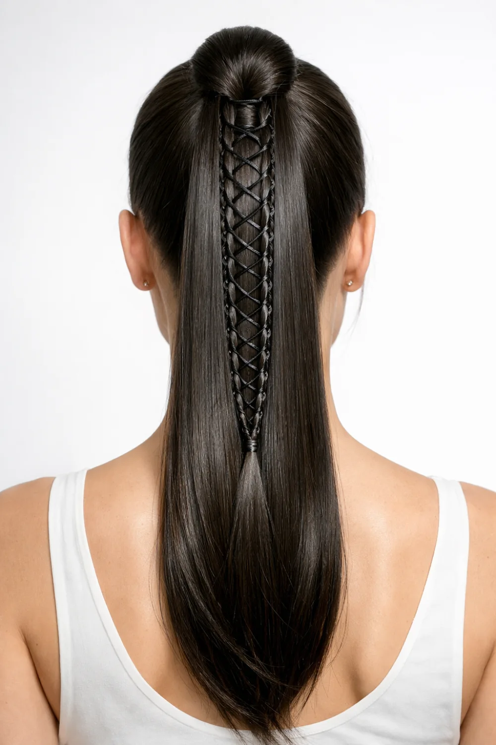 Sleek ponytail corset braid hairstyle with thin braids and ribbon lacing creating a modern corset pattern down the ponytail, chic and stylish hairstyle idea for long straight hair