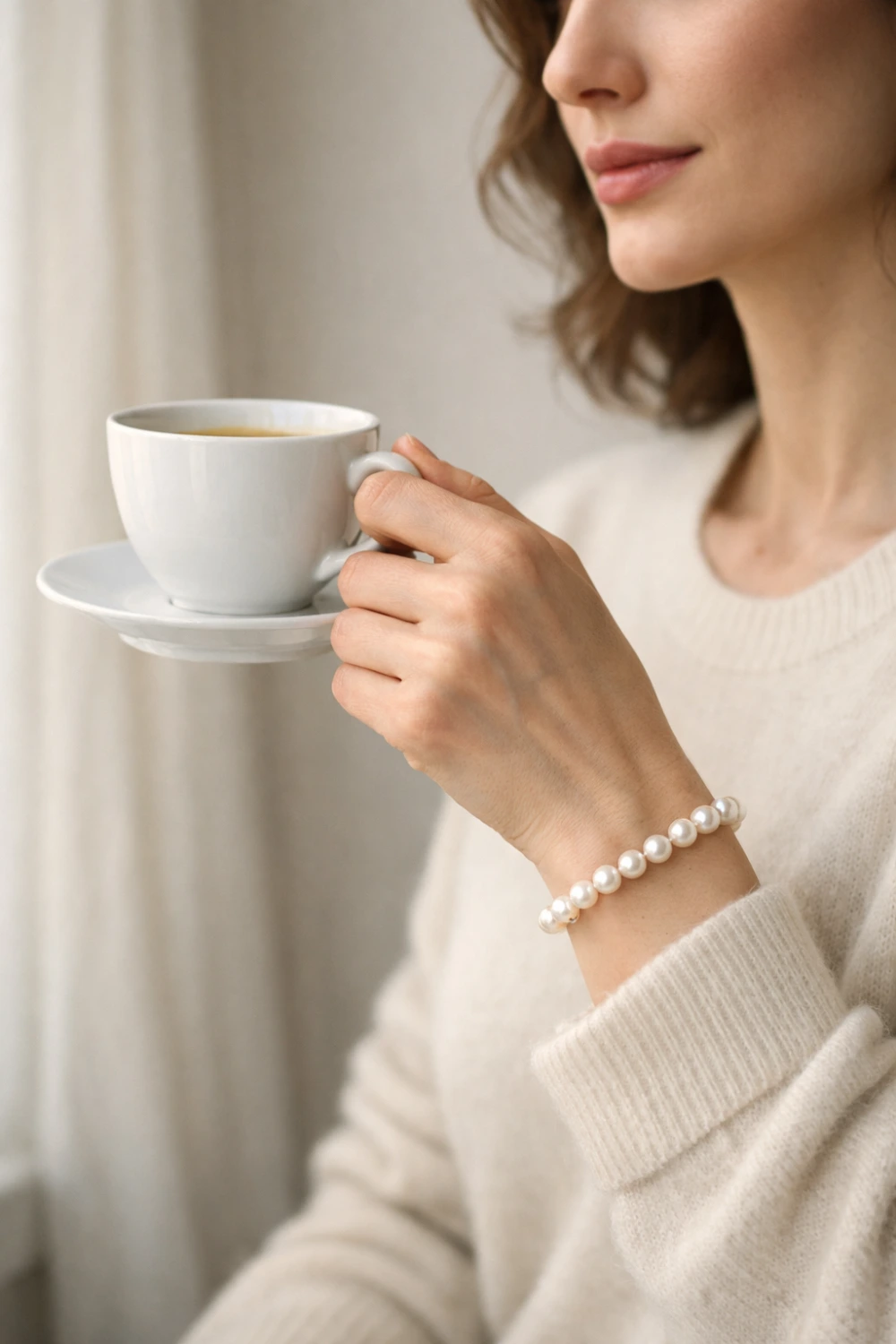 Woman holding a porcelain coffee cup while wearing a classic pearl bracelet, capturing a soft elegant old money jewelry look with refined neutral styling and timeless sophistication.