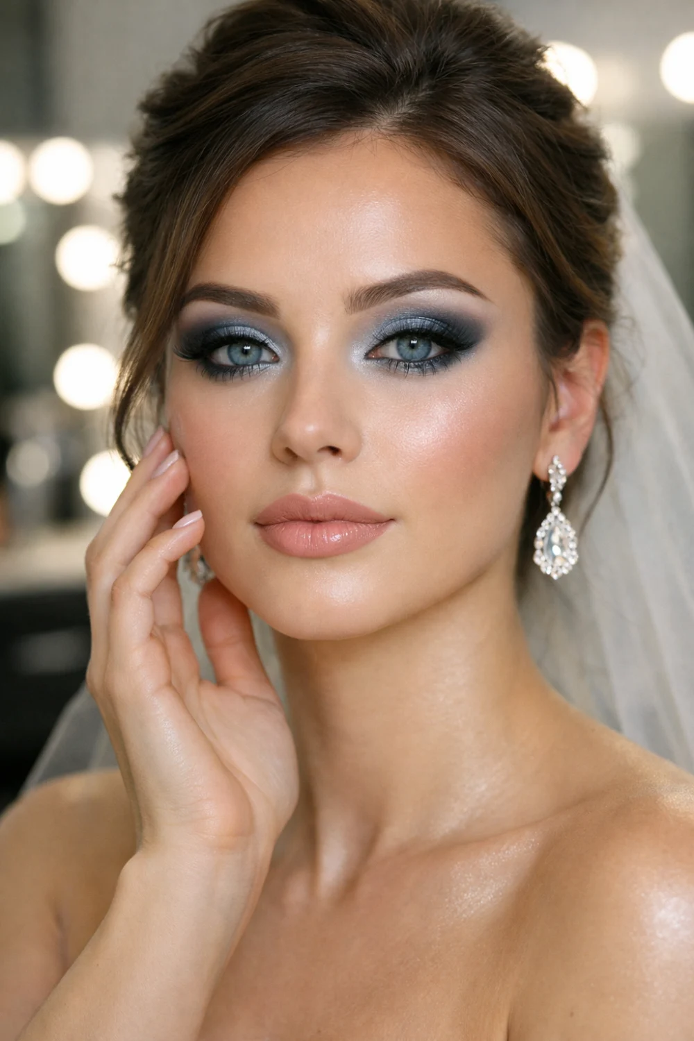 Cool toned smokey eye makeup with icy blue and grey shimmer eyeshadow, glowing skin highlight, and nude lipstick captured in a professional beauty salon photoshoot creating a frosted glam makeup style.