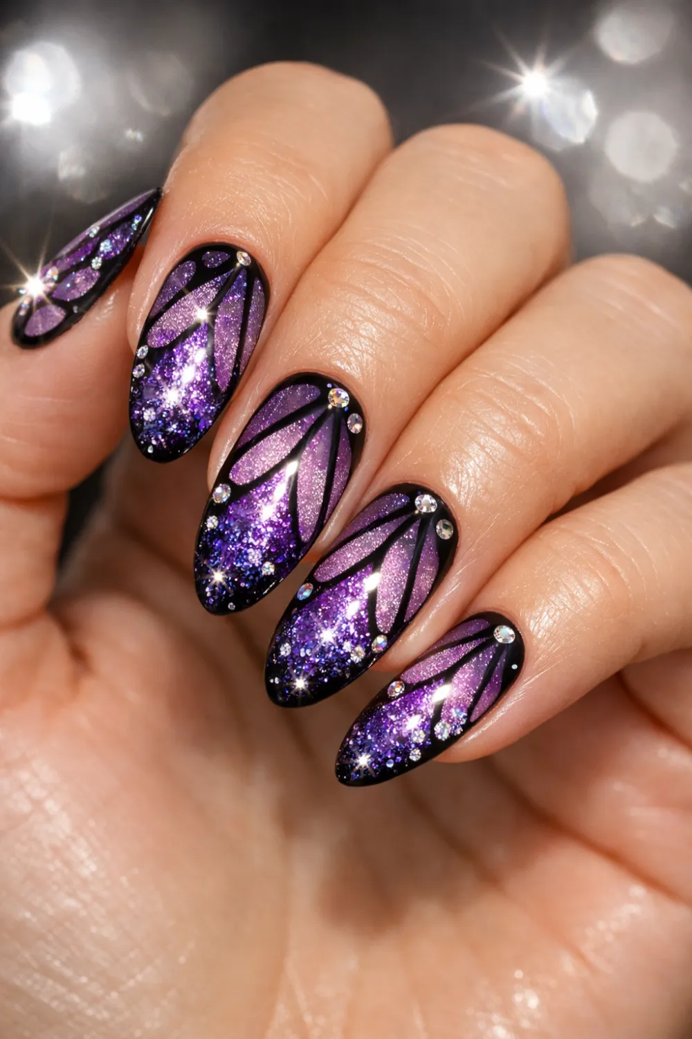 Full female hand with purple glitter butterfly wing nail art featuring rhinestones and glossy gel manicure, sparkling butterfly nail design inspiration for glam nails