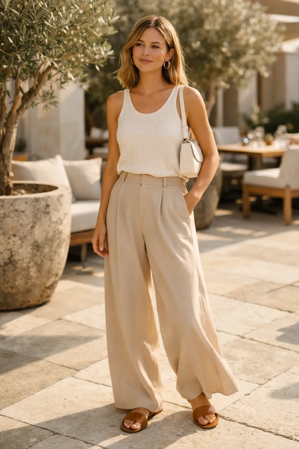 Woman wearing a neutral ribbed knit tank top with wide leg beige trousers and leather sandals in a sunny outdoor café setting, creating a modern minimalist spring brunch outfit idea