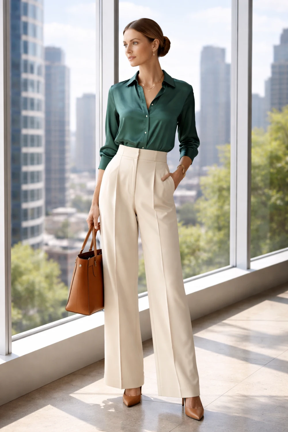 Professional woman wearing a silk blouse paired with high waisted wide leg trousers styled for a chic summer office outfit with neutral heels and a structured handbag.