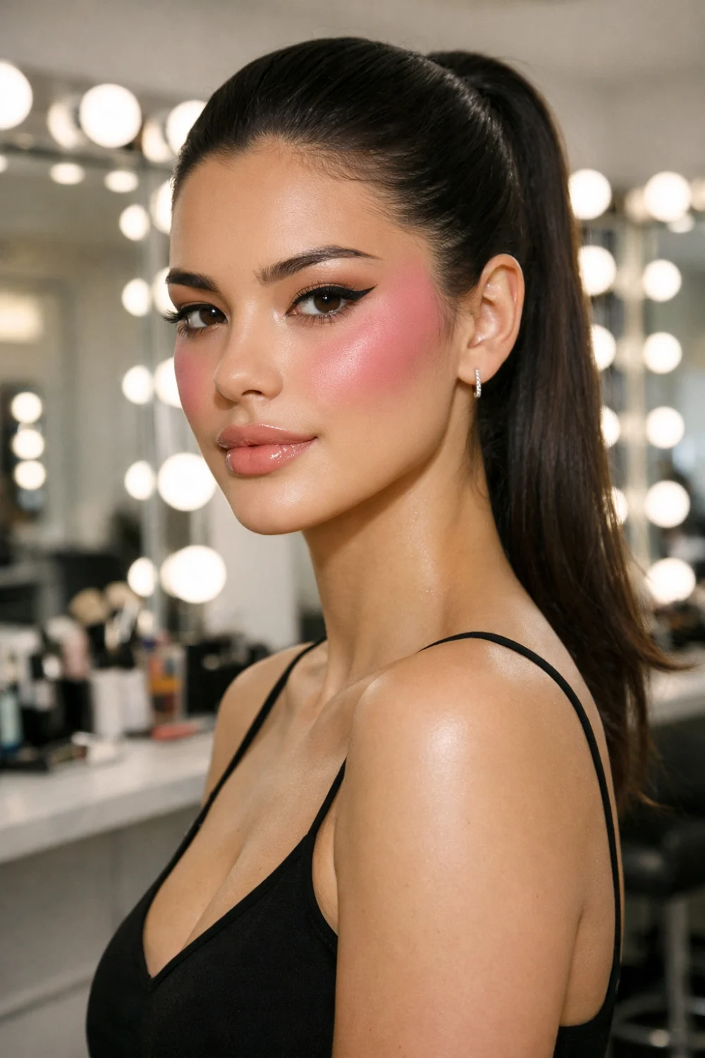 draped blush makeup lifted cheeks soft pink blush modern sculpted makeup look
