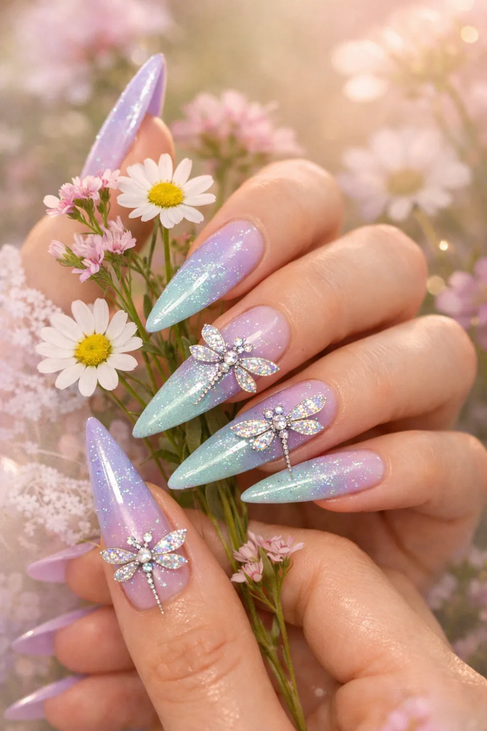 pastel dragonfly nail art with soft lilac and mint gradient dreamy fairycore manicure design