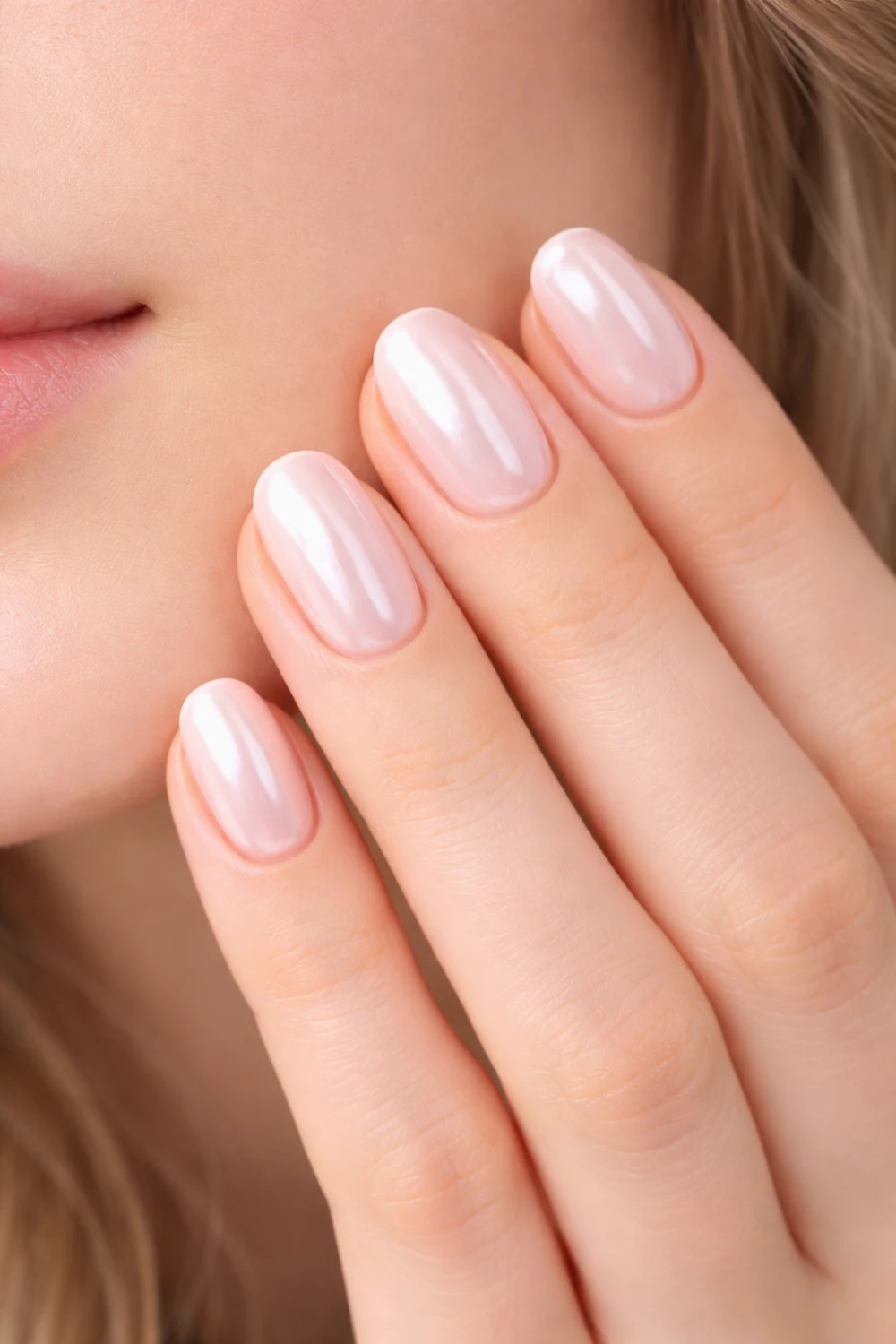 Soft glazed donut chrome nails with pearly shine on natural oval nails, glossy milky pink manicure reflecting soft light, minimalist chrome nail design inspiration with luminous finish