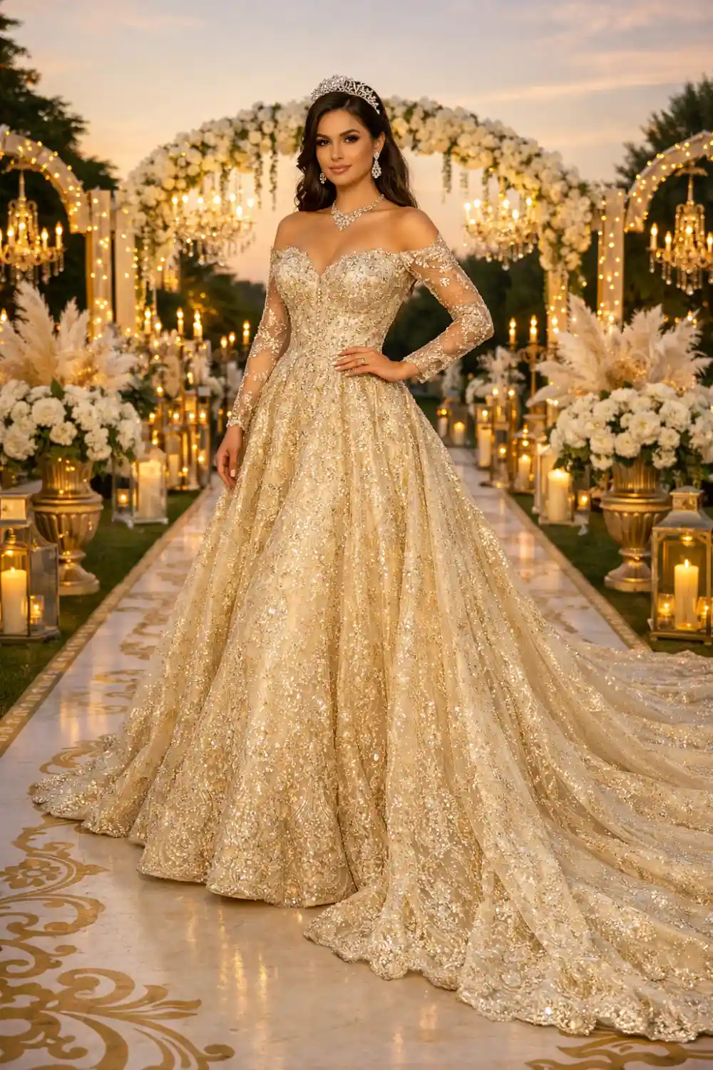Beautiful bride wearing a luxurious golden bridal gown with shimmering embroidery and a long flowing train, standing in an elegant outdoor wedding venue decorated with flowers and chandeliers.