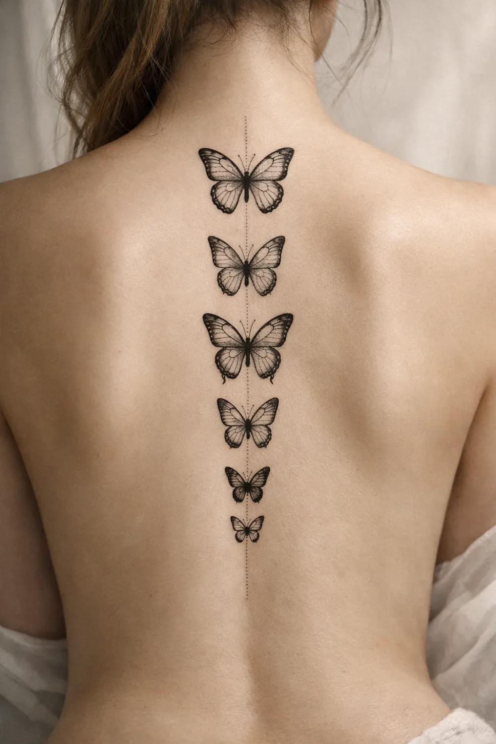 Butterfly spine tattoo for women symbolizing transformation growth and freedom, vertical butterfly tattoo along the spine trending on Pinterest feminine back tattoo ideas.