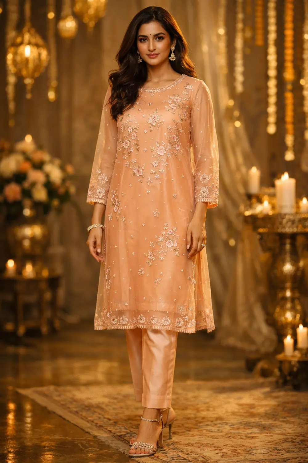 Elegant peach embroidered kurti with delicate floral embellishments, sheer sleeves and graceful silhouette paired with matching trousers, beautiful festive Pakistani kurti outfit idea.