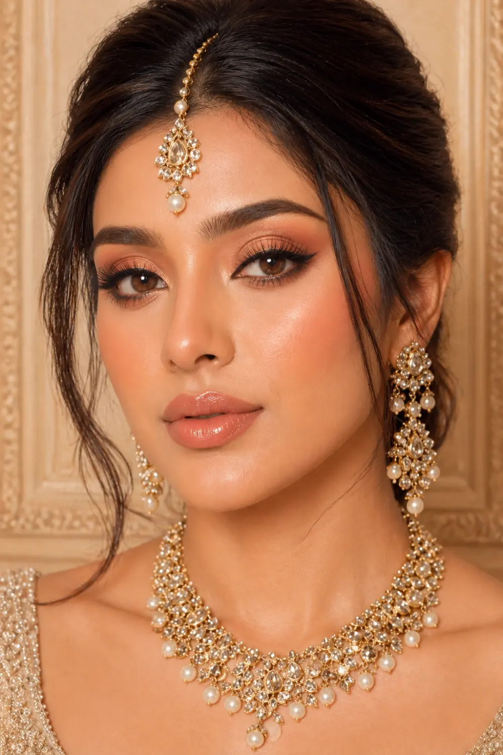 peach soft glam bridal makeup close up warm tones glowing skin peach blush glossy lips bridal makeup inspiration