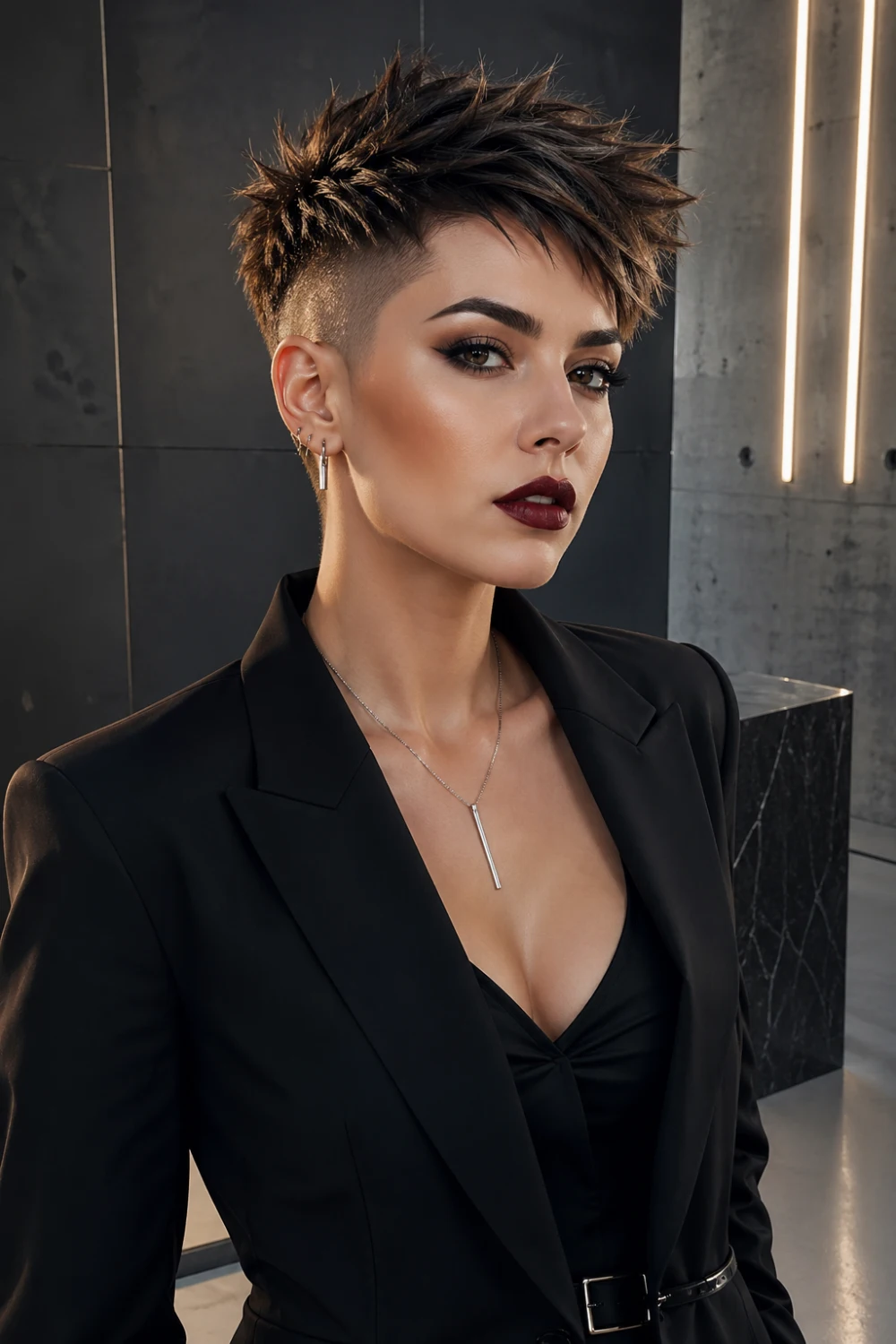 edgy undercut bixie haircut with shaved sides and textured top, bold short hairstyle for women, modern punk bixie look, high fashion short haircut inspiration