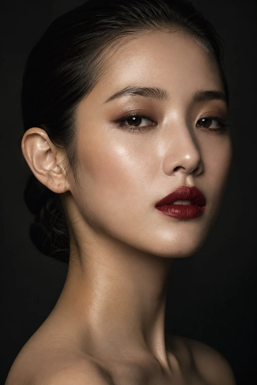 Dramatic beauty portrait with deep crimson red lipstick, slicked back hair, sculpted cheekbones, glowing skin, dark moody background, evening glam makeup with bold intense finish