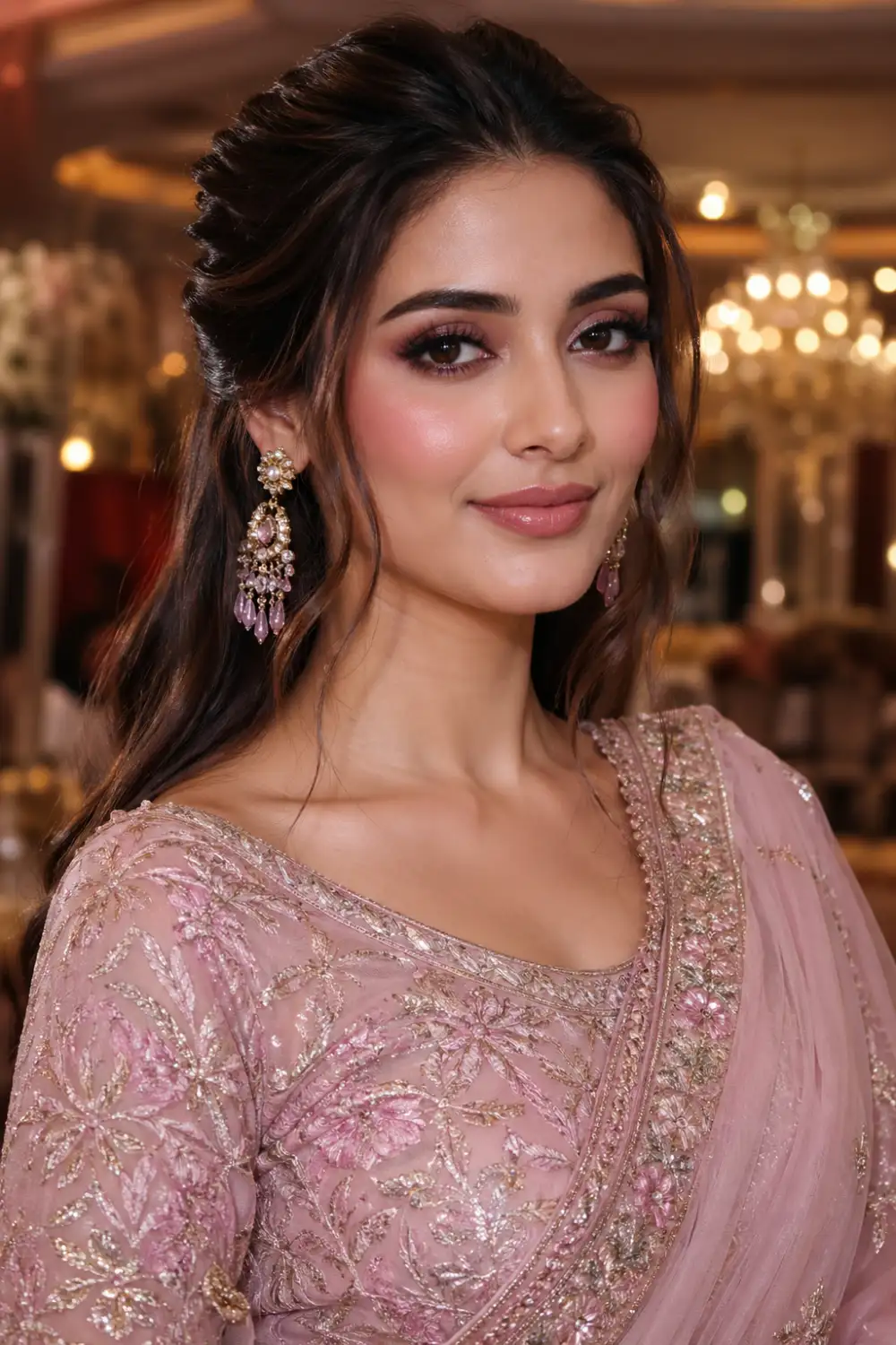 Rosy glam bridesmaid blush makeup with defined cheeks, soft shimmer eyes, glowing skin, elegant bridal look, Pakistani bridesmaid portrait, evening wedding style