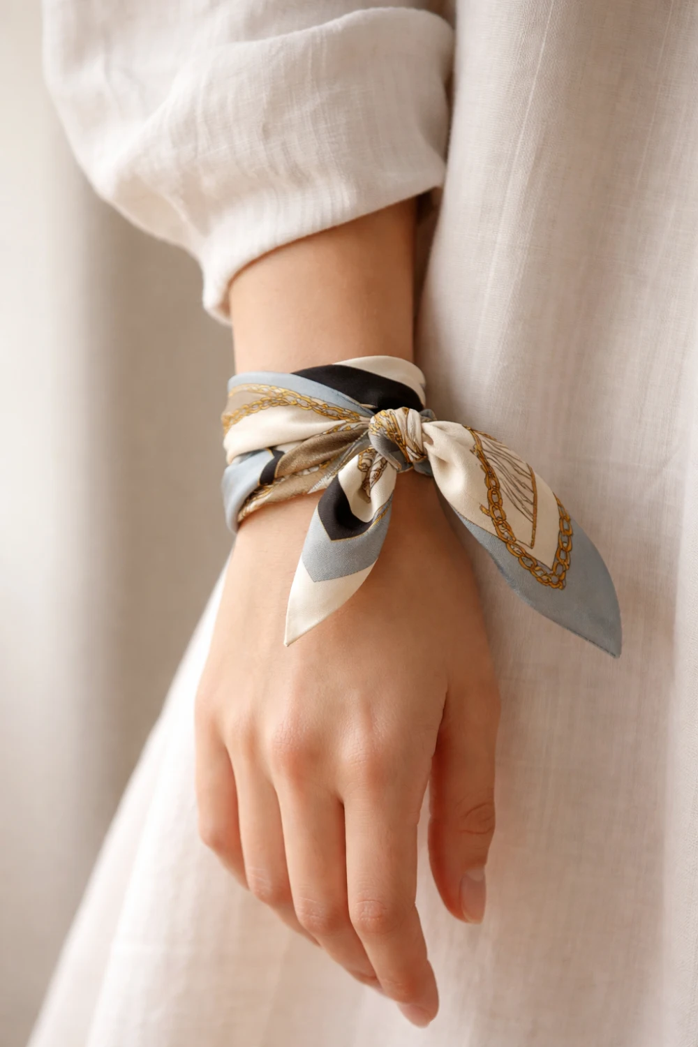 silk scarf wrapped around wrist bracelet style accessory fashion detail