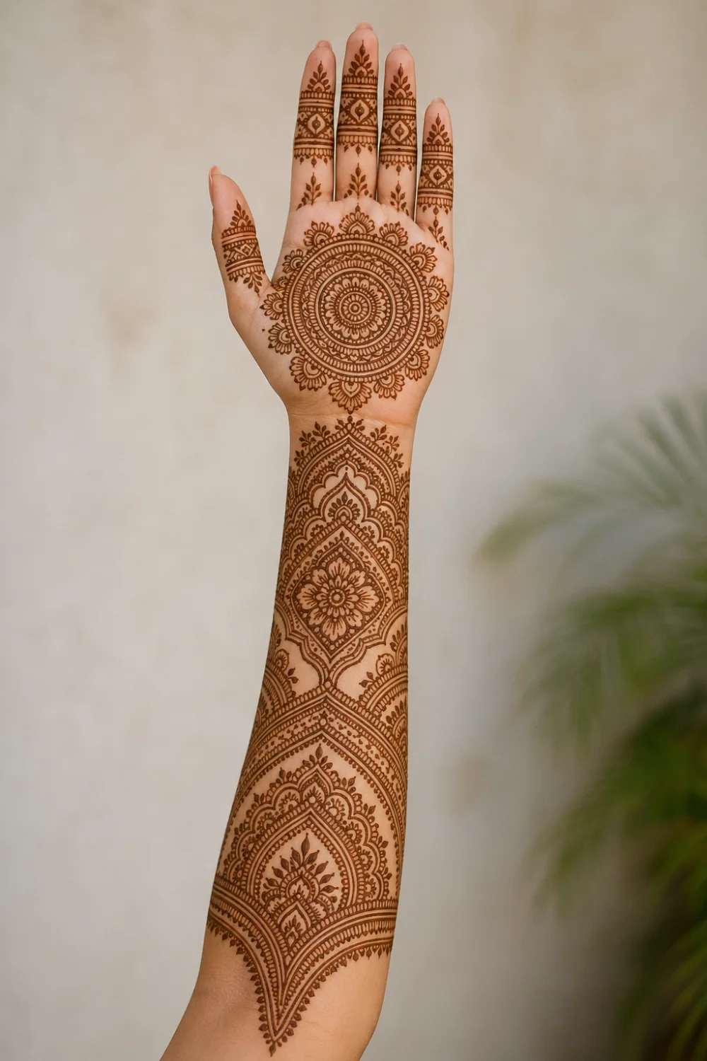 mandala full sleeve mehndi design with central circular pattern on palm, symmetrical arches and floral details extending to elbow, clean geometric henna layout, minimal and elegant bridal mehndi style