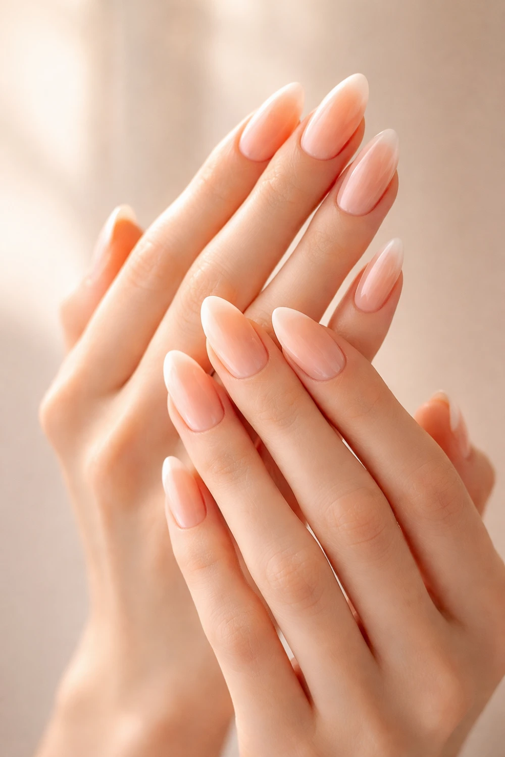 Almond-shaped nails with soft peach to milky white ombre gradient on elegant feminine hands, glossy finish, warm neutral background, dreamy pastel nail style