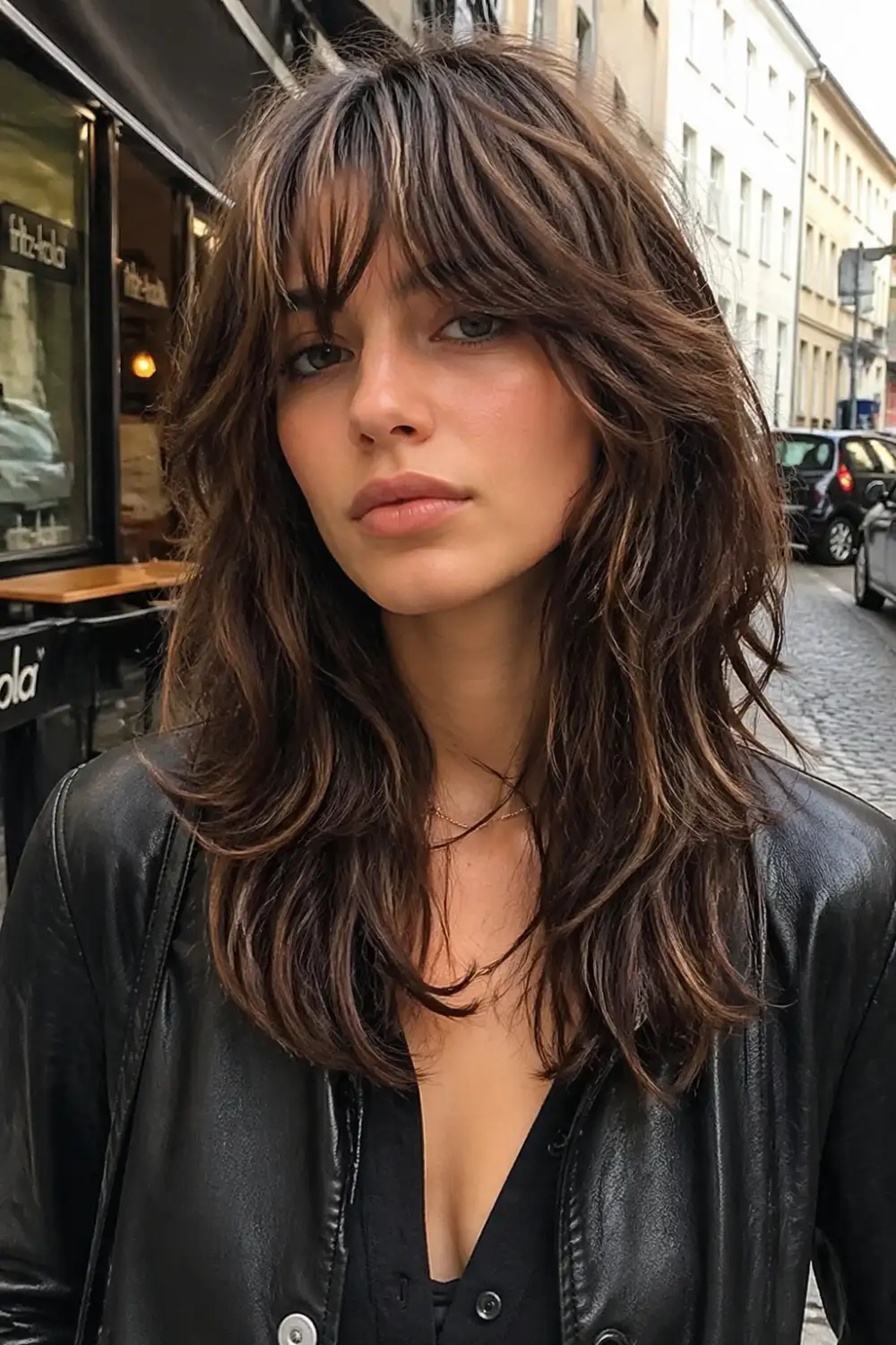 textured shag haircut with curtain bangs messy layered volume natural movement head to chest portrait in urban street background with buildings and realistic outdoor lighting