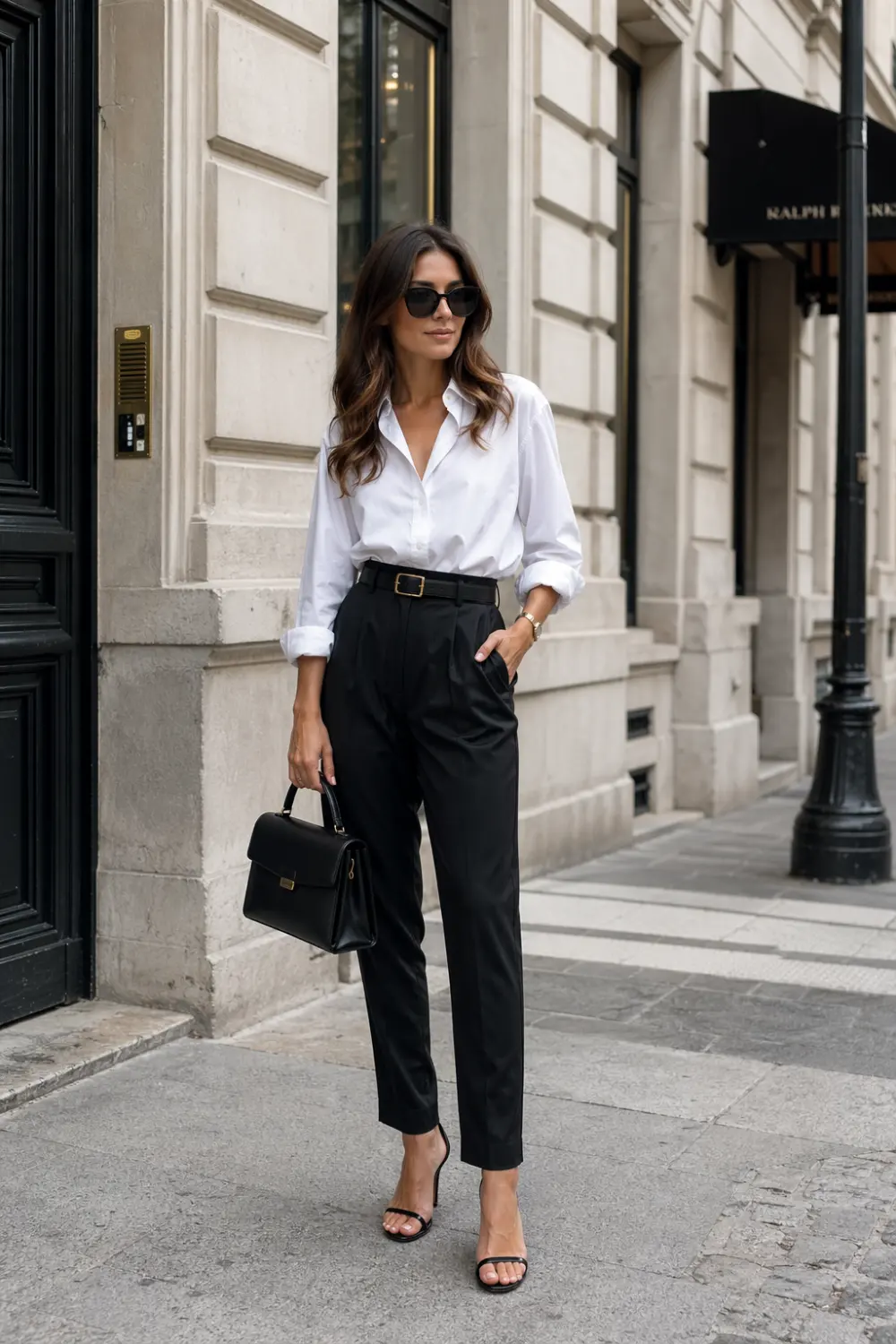 white button up shirt high waisted black trousers outfit poetcore aesthetic minimal chic street style full body elegant modern romantic look