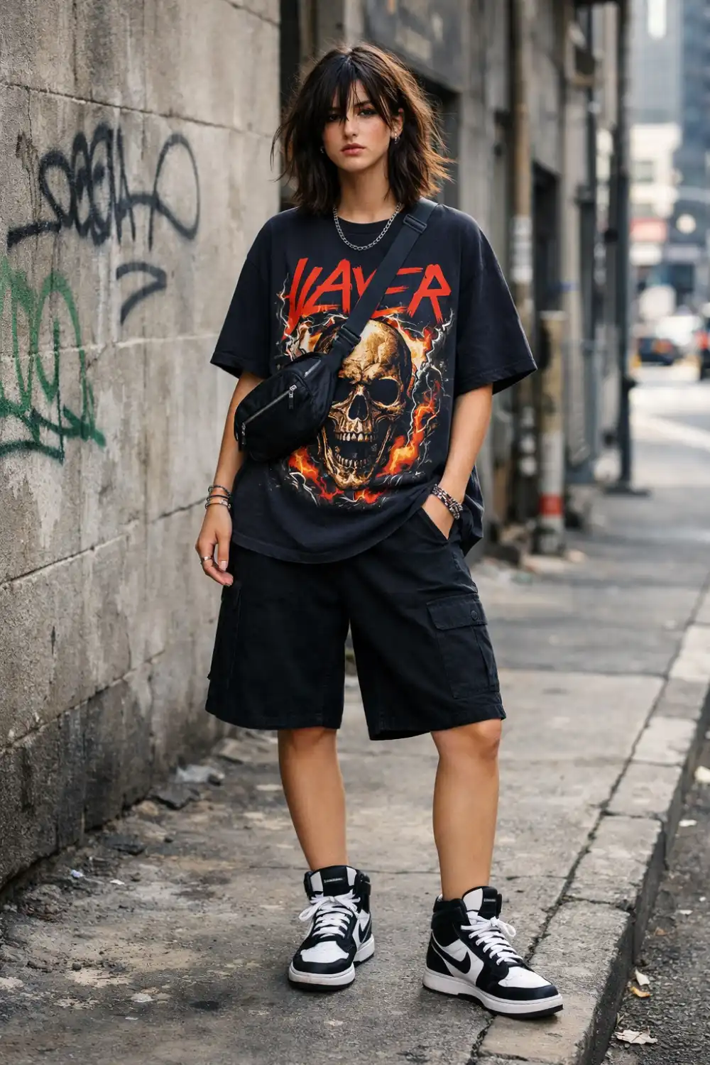 Edgy street style outfit featuring black Bermuda shorts with an oversized graphic tee, crossbody bag and high top sneakers creating a bold urban fashion look.
