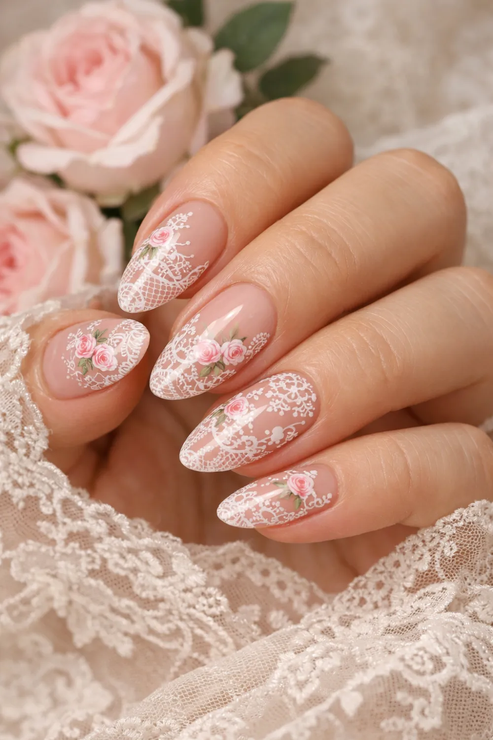 Romantic lace nails with delicate white lace patterns and tiny rose flowers over a nude blush base, elegant almond shaped manicure inspired by vintage floral lace creating a soft feminine nail design perfect for bridal and romantic nails