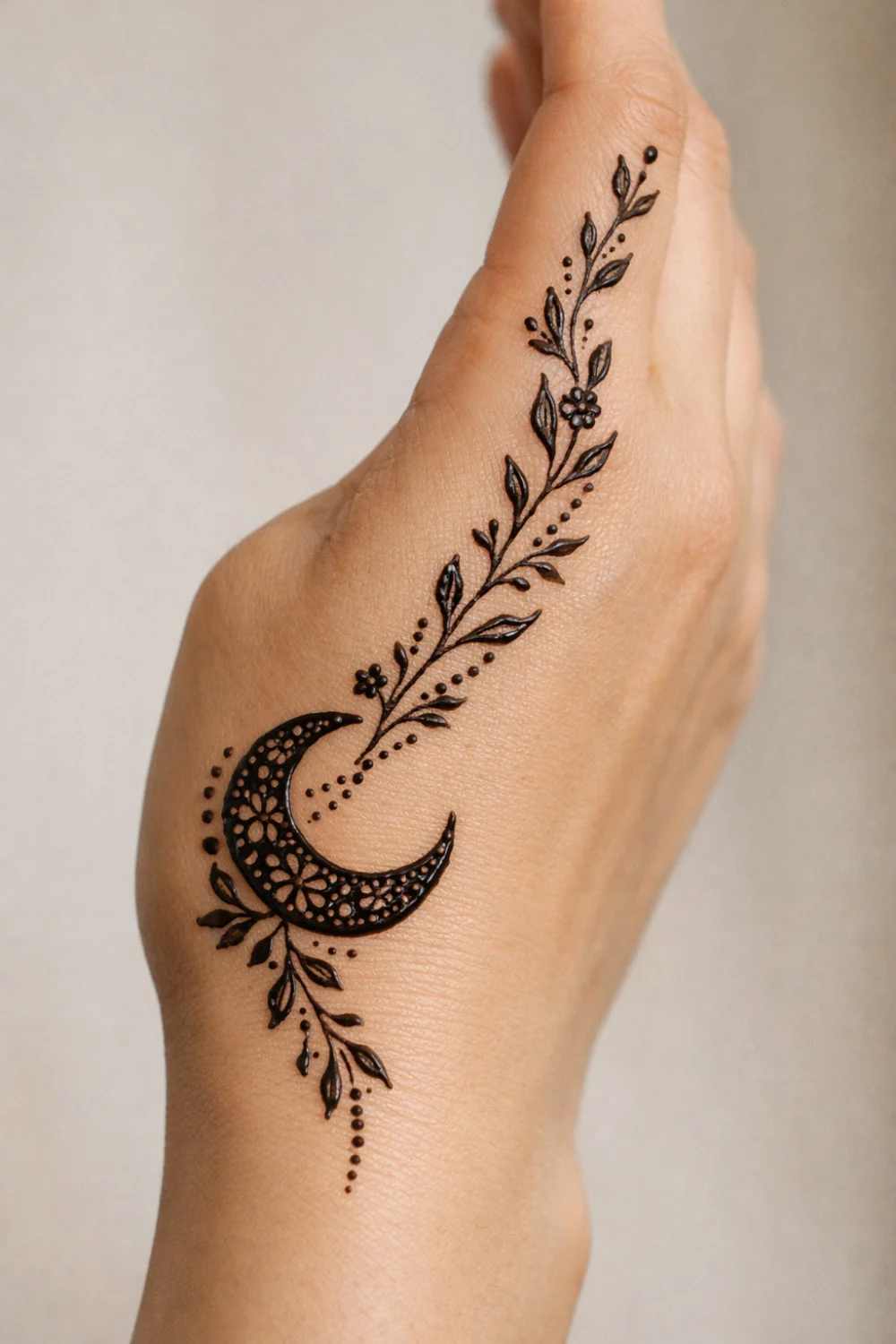 Minimal floral side moon mehndi design with delicate leafy vines and dotted details along the hand, simple Arabic henna pattern perfect for modern mehndi lovers and festive occasions.