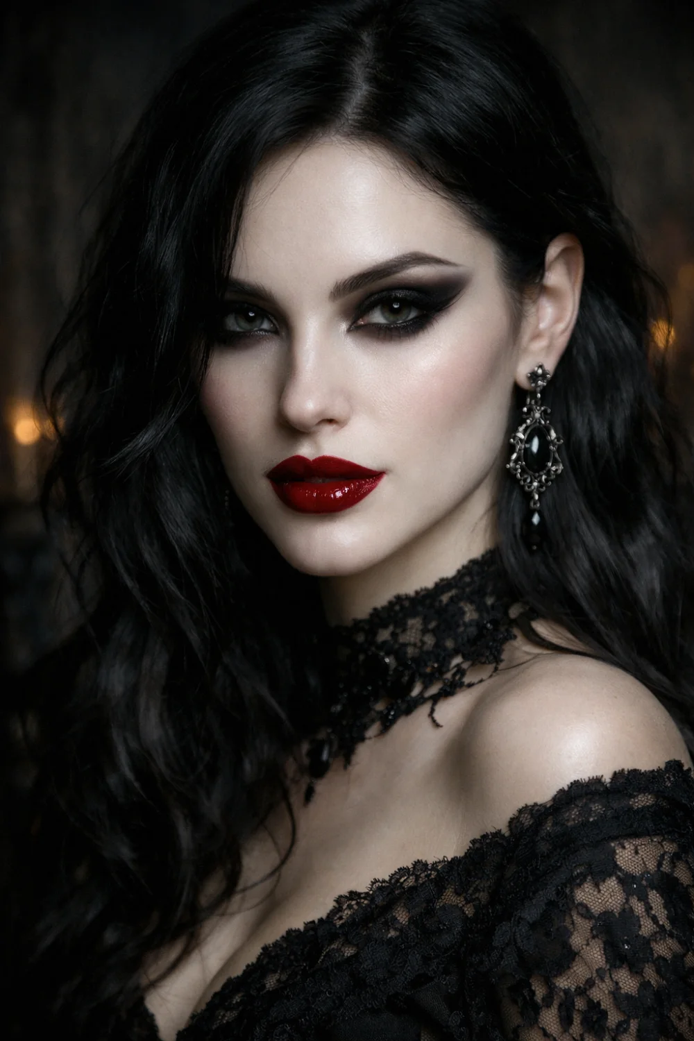 Vampire romantic makeup featuring crimson red lips dramatic smoky eyes pale glowing skin and elegant gothic beauty styling creating a mysterious dark feminine aesthetic