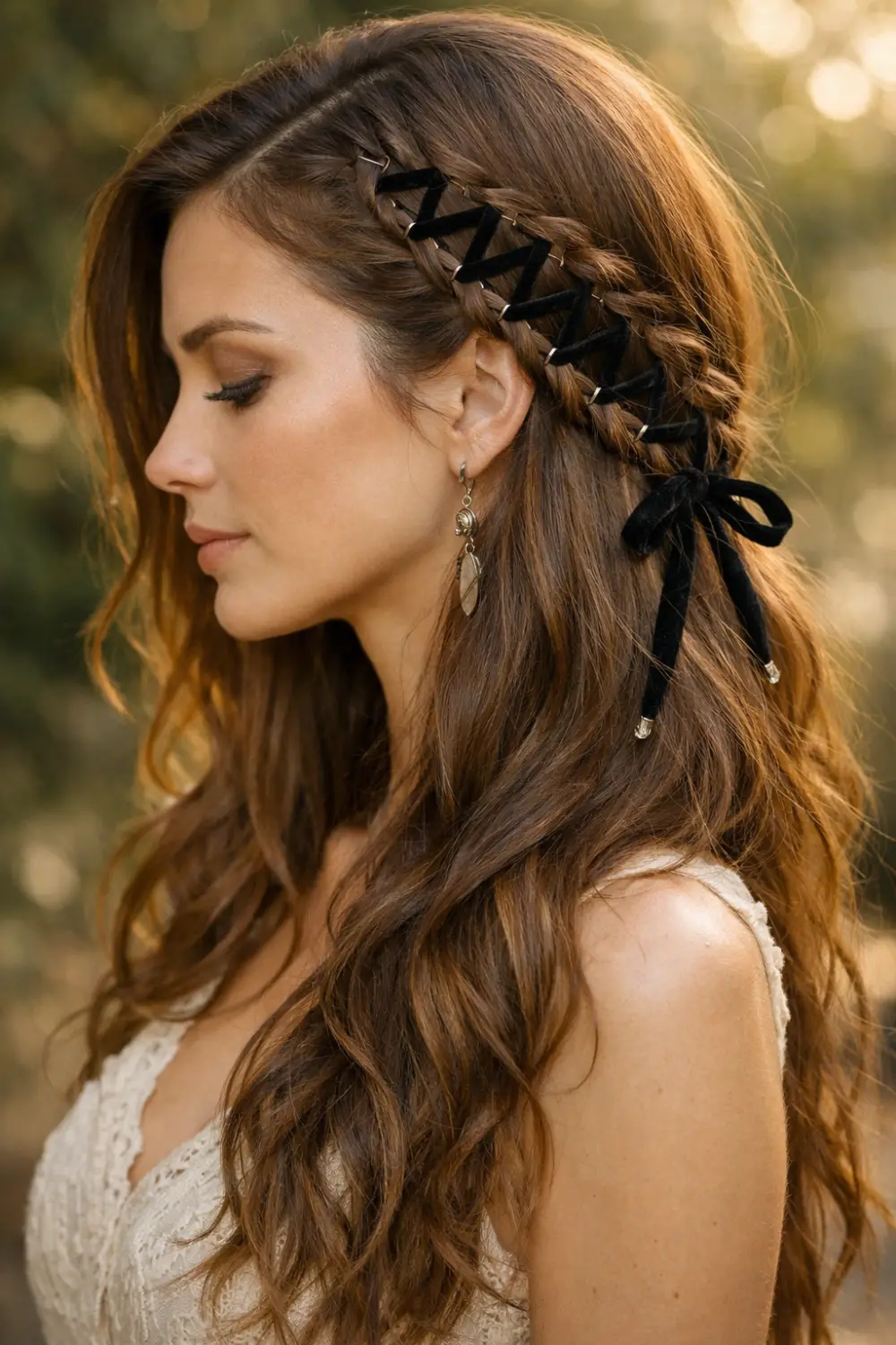 Side corset braid hairstyle with ribbon woven through side braids forming a soft crisscross corset design, stylish asymmetrical braid hairstyle idea for long brown hair
