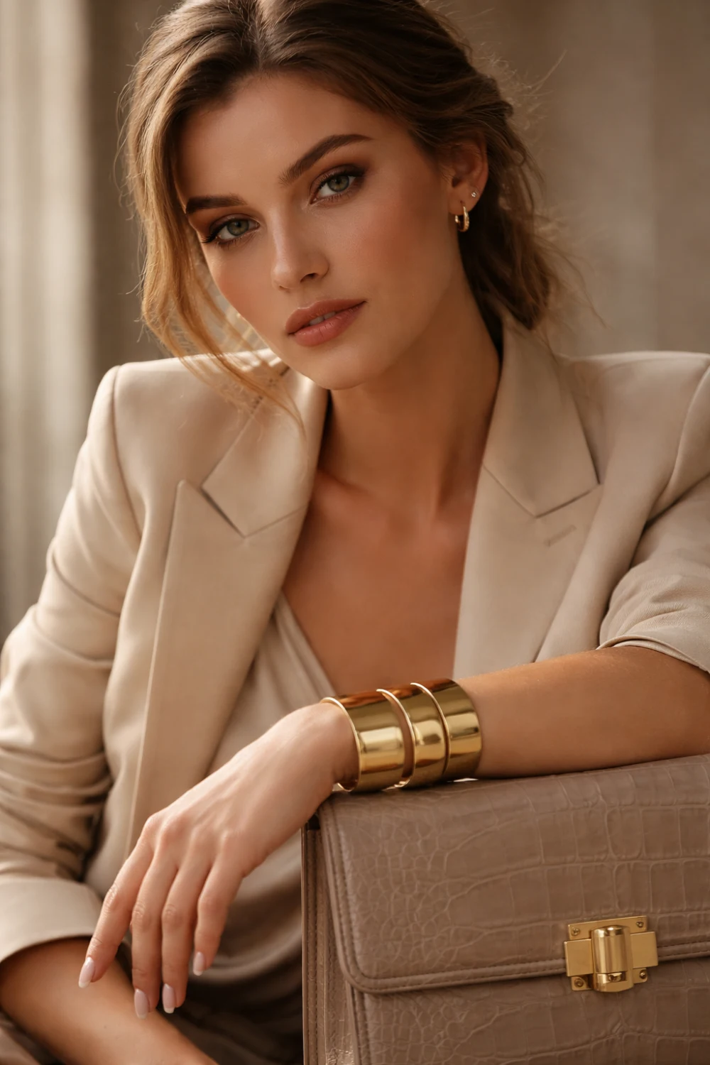 Elegant woman wearing bold stacked gold cuff bracelets with a beige blazer and luxury handbag, showcasing a confident old money jewelry style with refined and polished fashion.